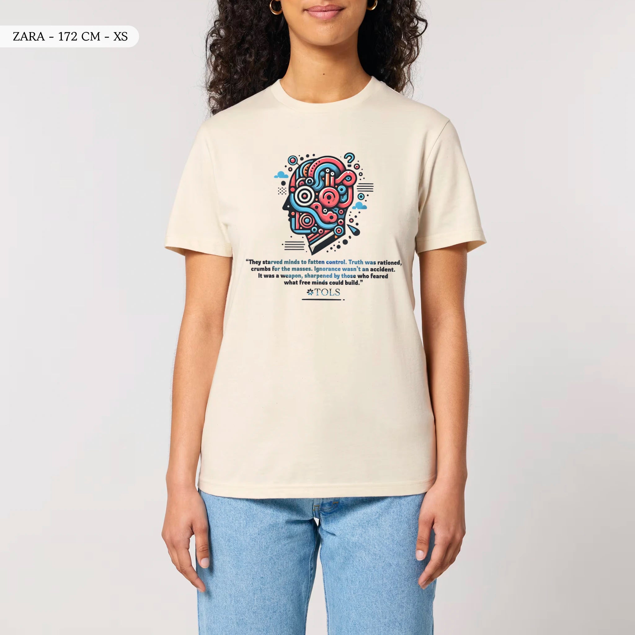 TOLS The Old Ways theme men's unisex medium fit organic cotton T-shirt in Natural Raw, female front - Crumbs of Truth