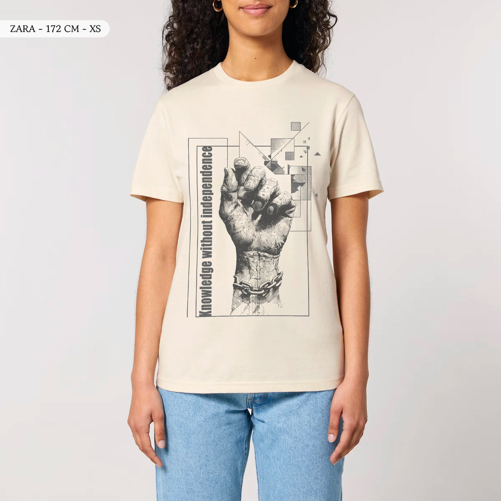 TOLS The Old Ways theme men's unisex medium fit organic cotton T-shirt in Natural Raw, female front - Memorized Knowledge