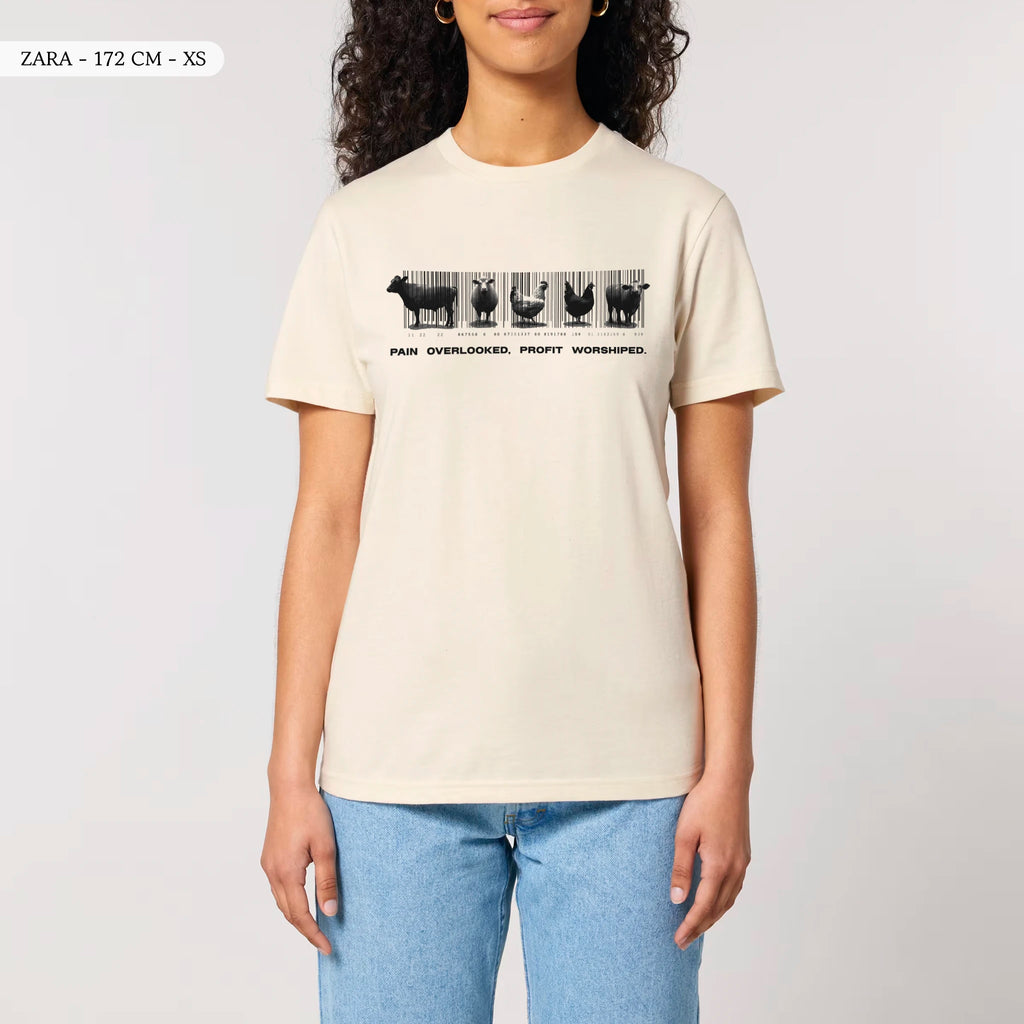 TOLS The Old Ways theme men's unisex medium fit organic cotton T-shirt in Natural Raw, female front - Why Care