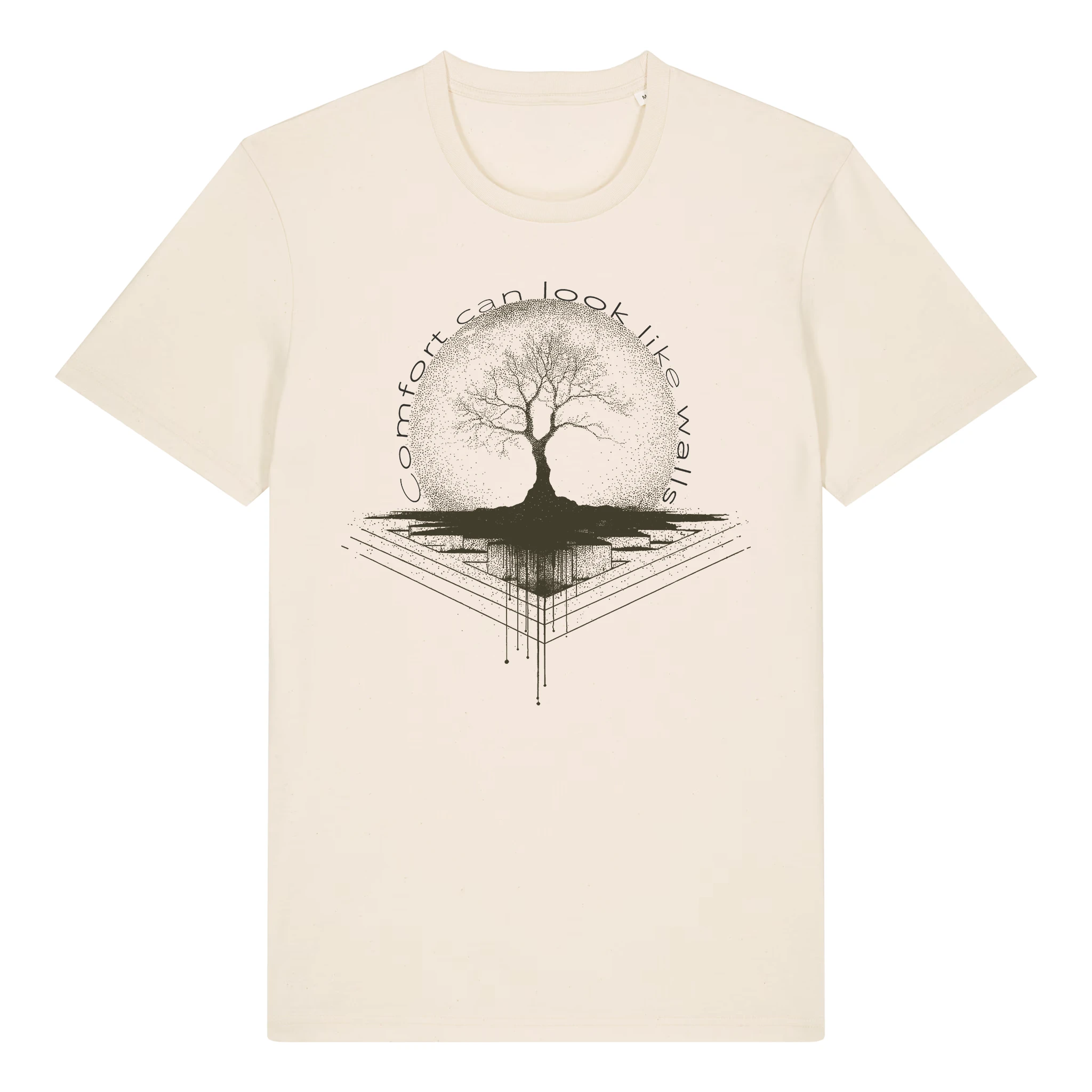 TOLS The Old Ways theme men's unisex medium fit organic cotton T-shirt in Natural Raw, front - Comfort Walls