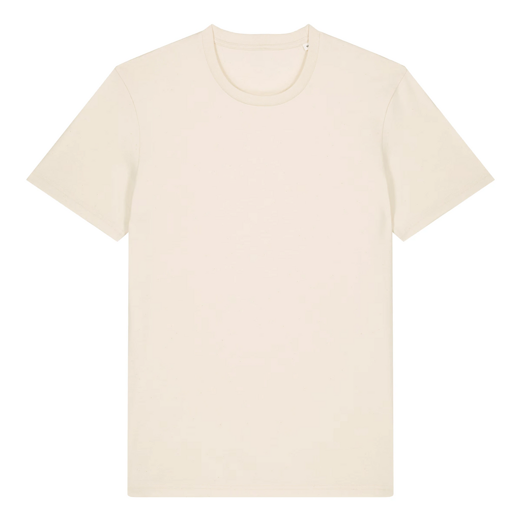 TOLS The Old Ways theme men's unisex medium fit organic cotton T-shirt in Natural Raw, front - Crushing Pyramid