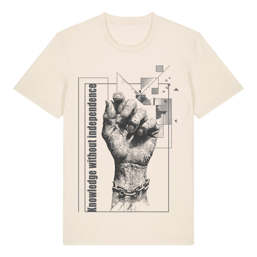 TOLS The Old Ways theme men's unisex medium fit organic cotton T-shirt in Natural Raw, front - Memorized Knowledge