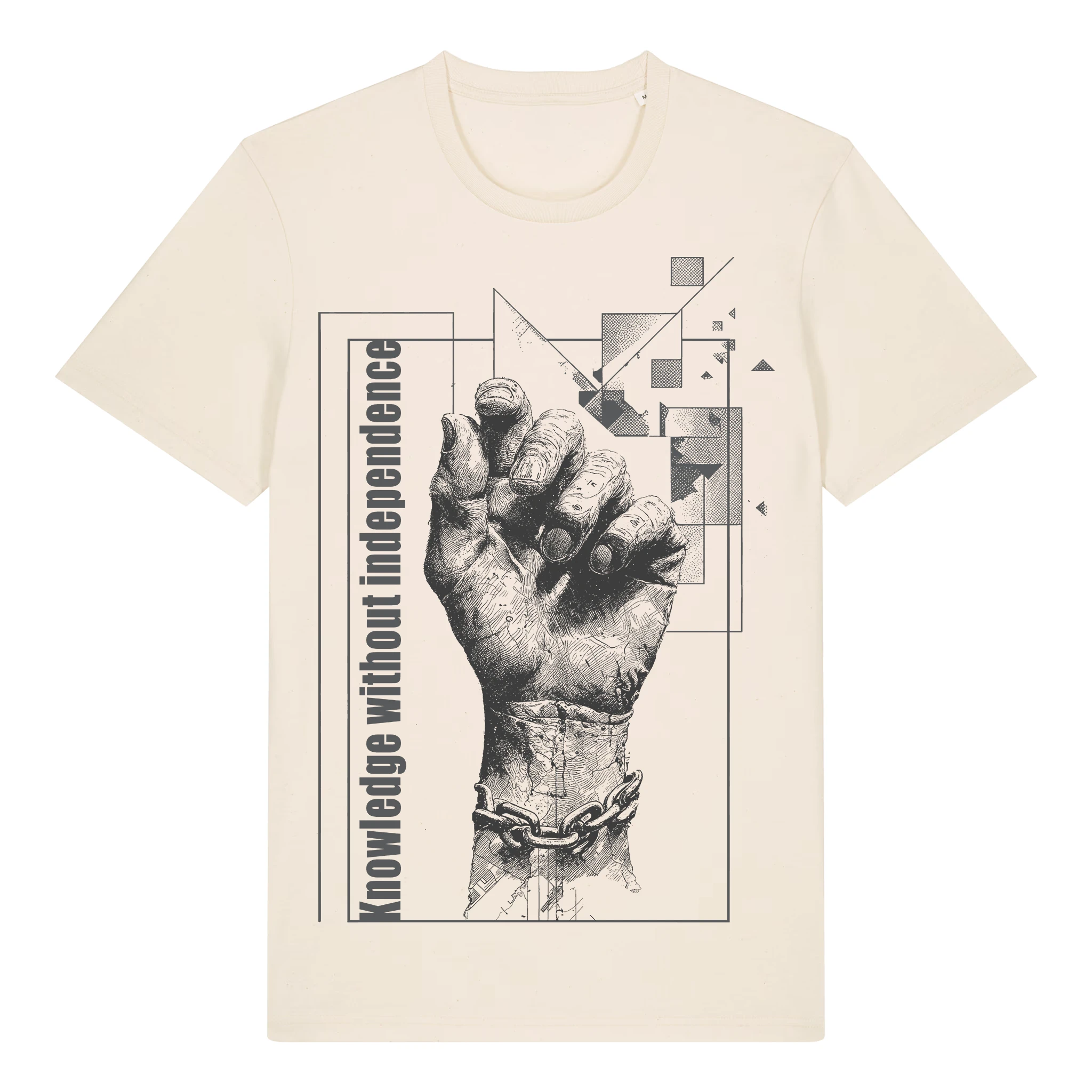 TOLS The Old Ways theme men's unisex medium fit organic cotton T-shirt in Natural Raw, front - Memorized Knowledge