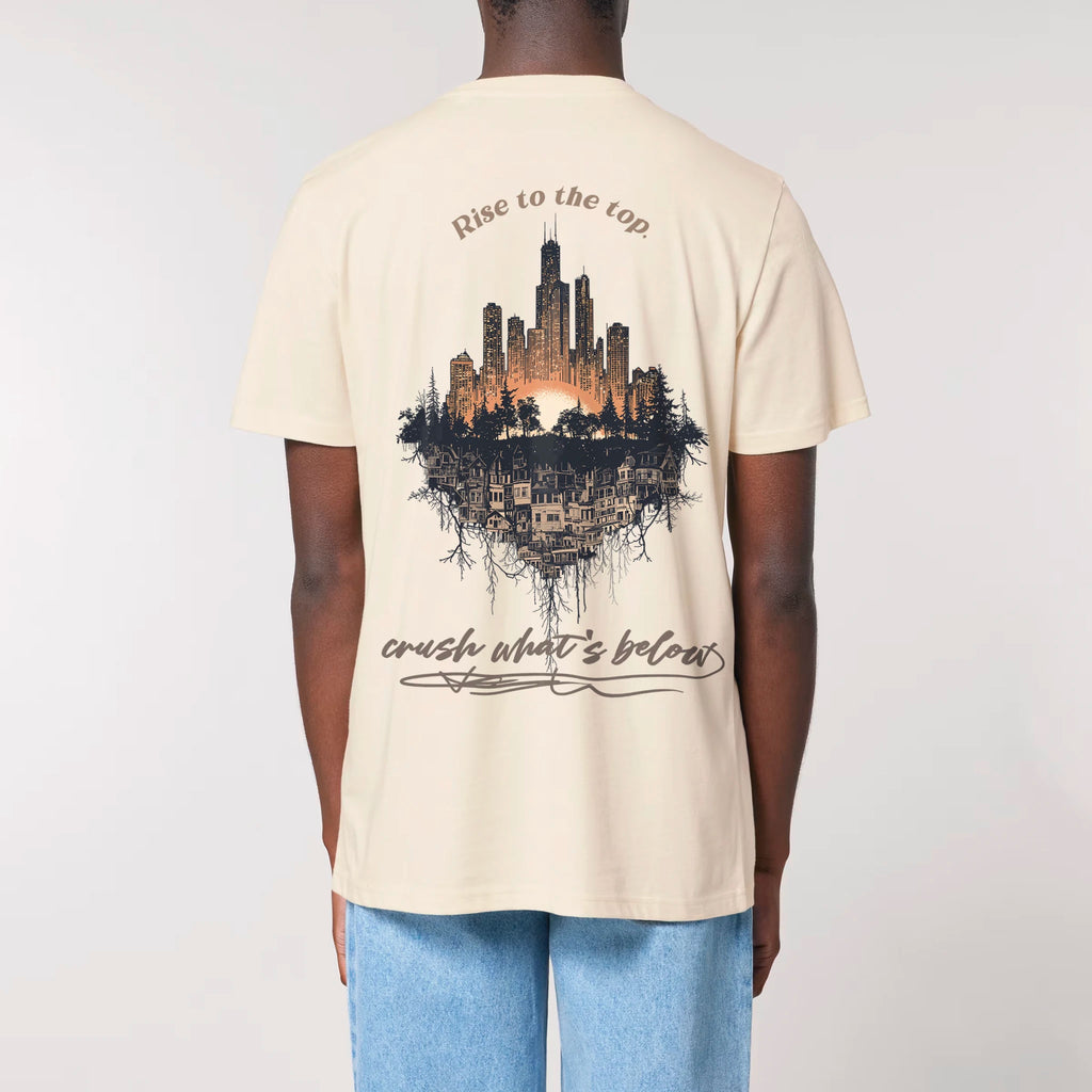 TOLS The Old Ways theme men's unisex medium fit organic cotton T-shirt in Natural Raw, male back - Crushing Pyramid