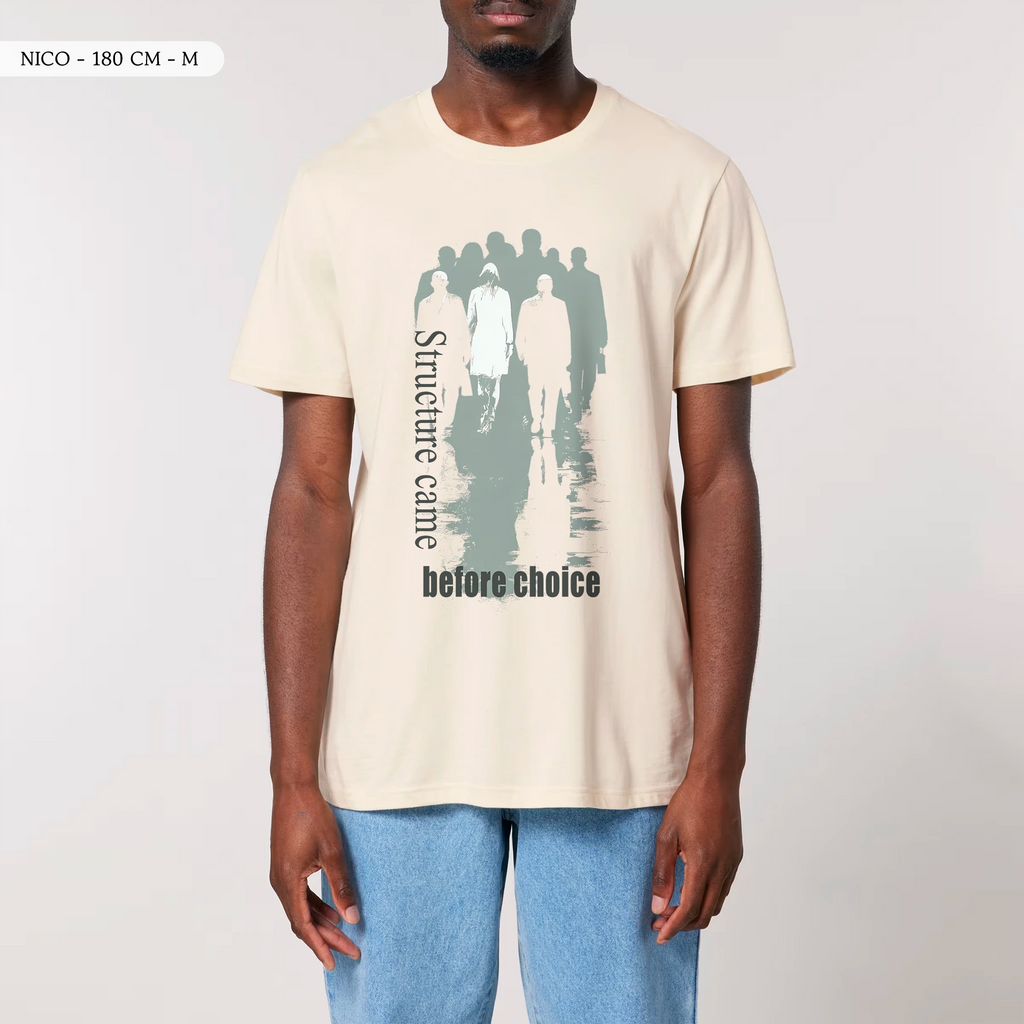 TOLS The Old Ways theme men's unisex medium fit organic cotton T-shirt in Natural Raw, male front - Before Choice