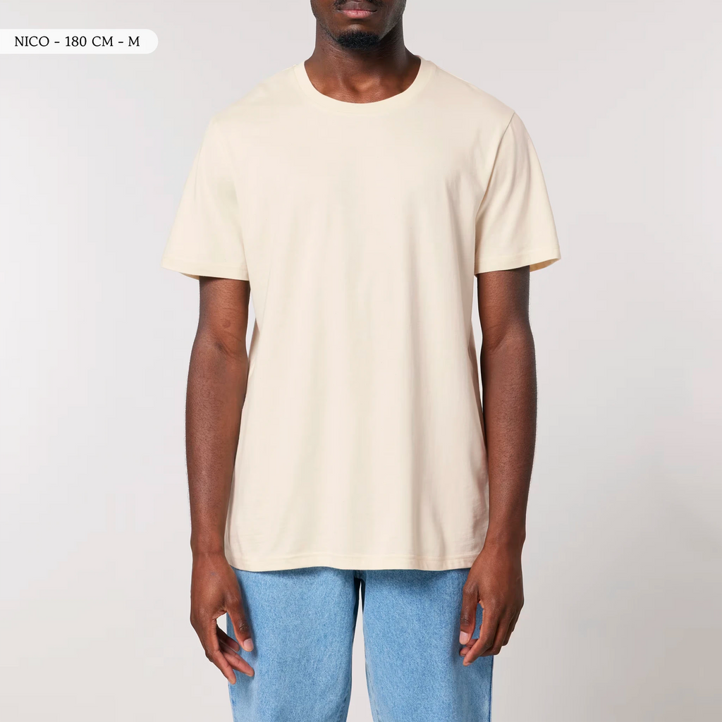 TOLS The Old Ways theme men's unisex medium fit organic cotton T-shirt in Natural Raw, male front - Crushing Pyramid