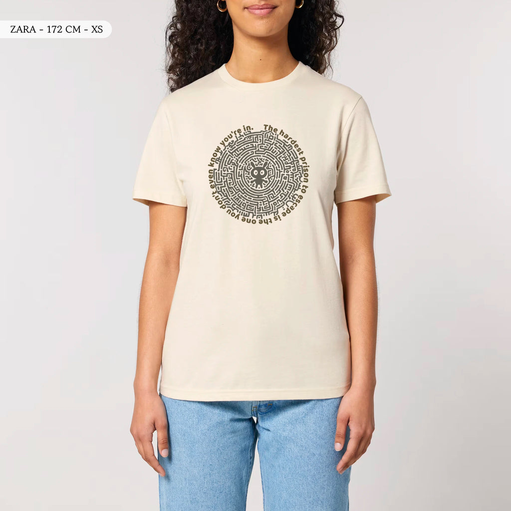 TOLS The Old Ways theme men's unisex medium fit organic cotton T-shirt in Natural Raw, male front - Mental Bars