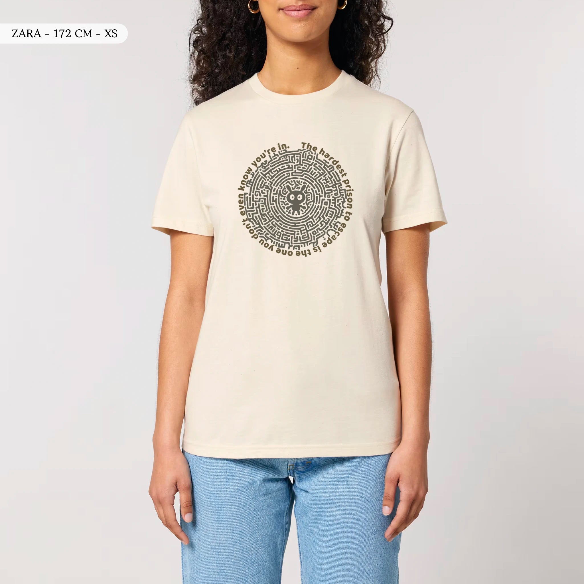 TOLS The Old Ways theme men's unisex medium fit organic cotton T-shirt in Natural Raw, male front - Mental Bars