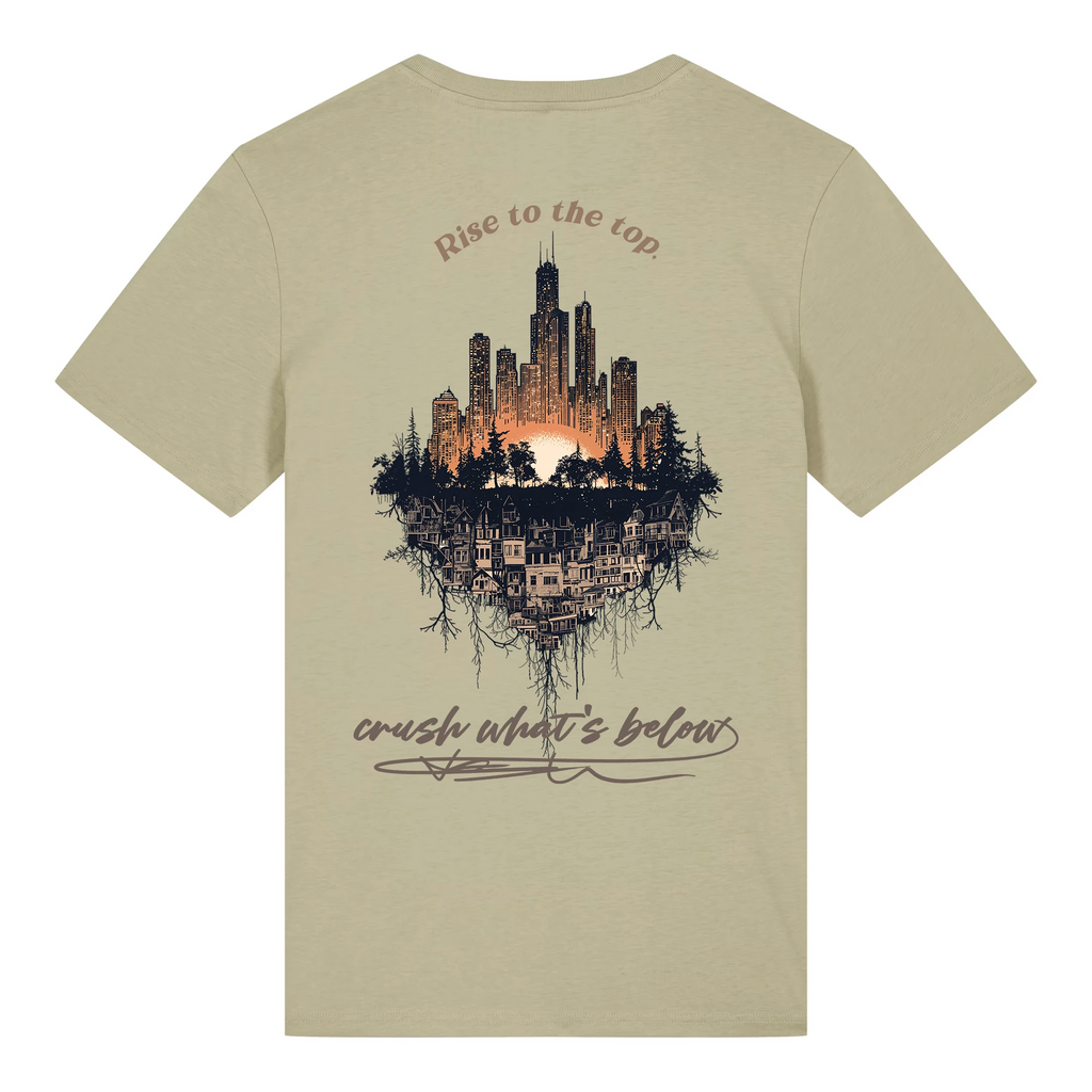 TOLS The Old Ways theme men's unisex medium fit organic cotton T-shirt in Sage, back - Crushing Pyramid