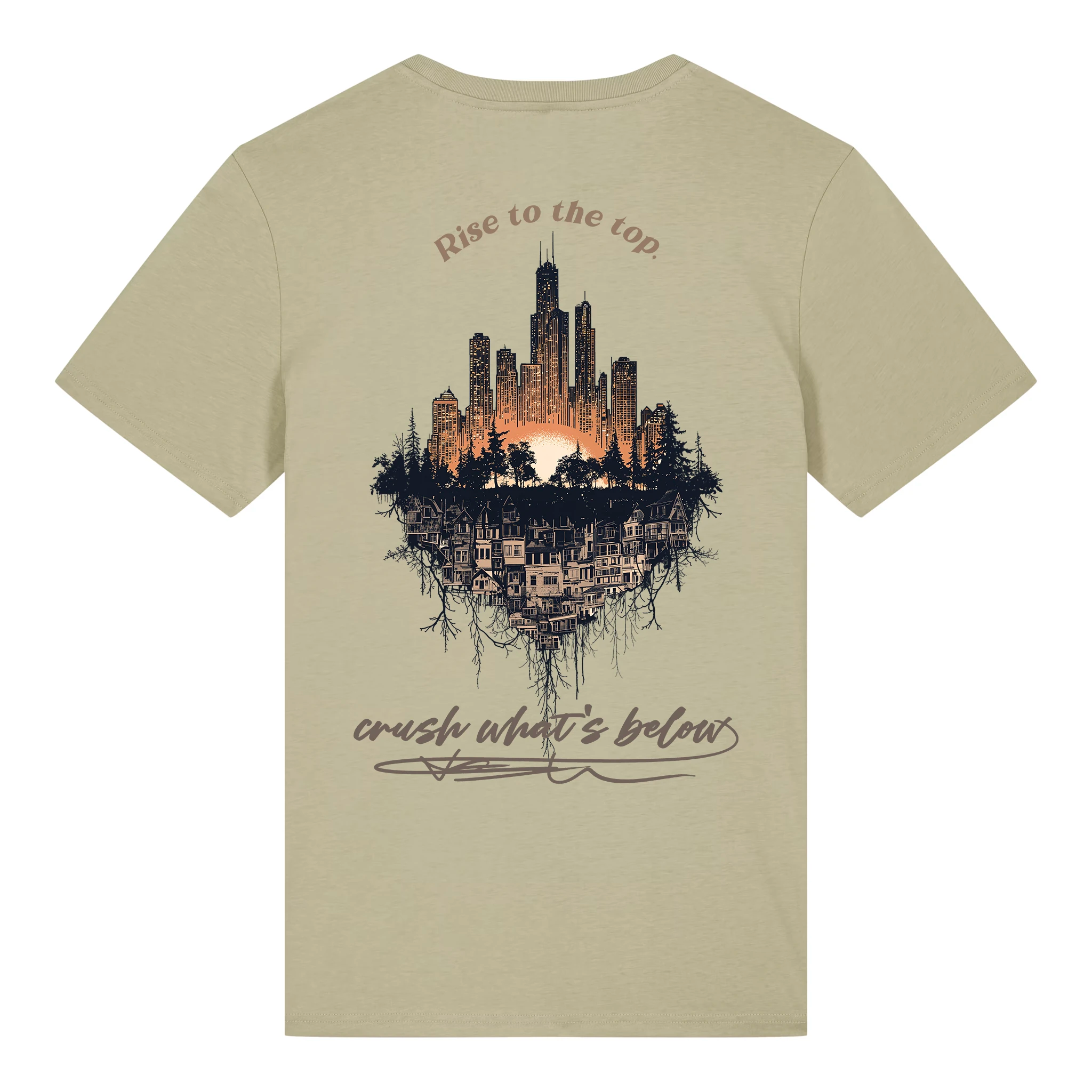 TOLS The Old Ways theme men's unisex medium fit organic cotton T-shirt in Sage, back - Crushing Pyramid