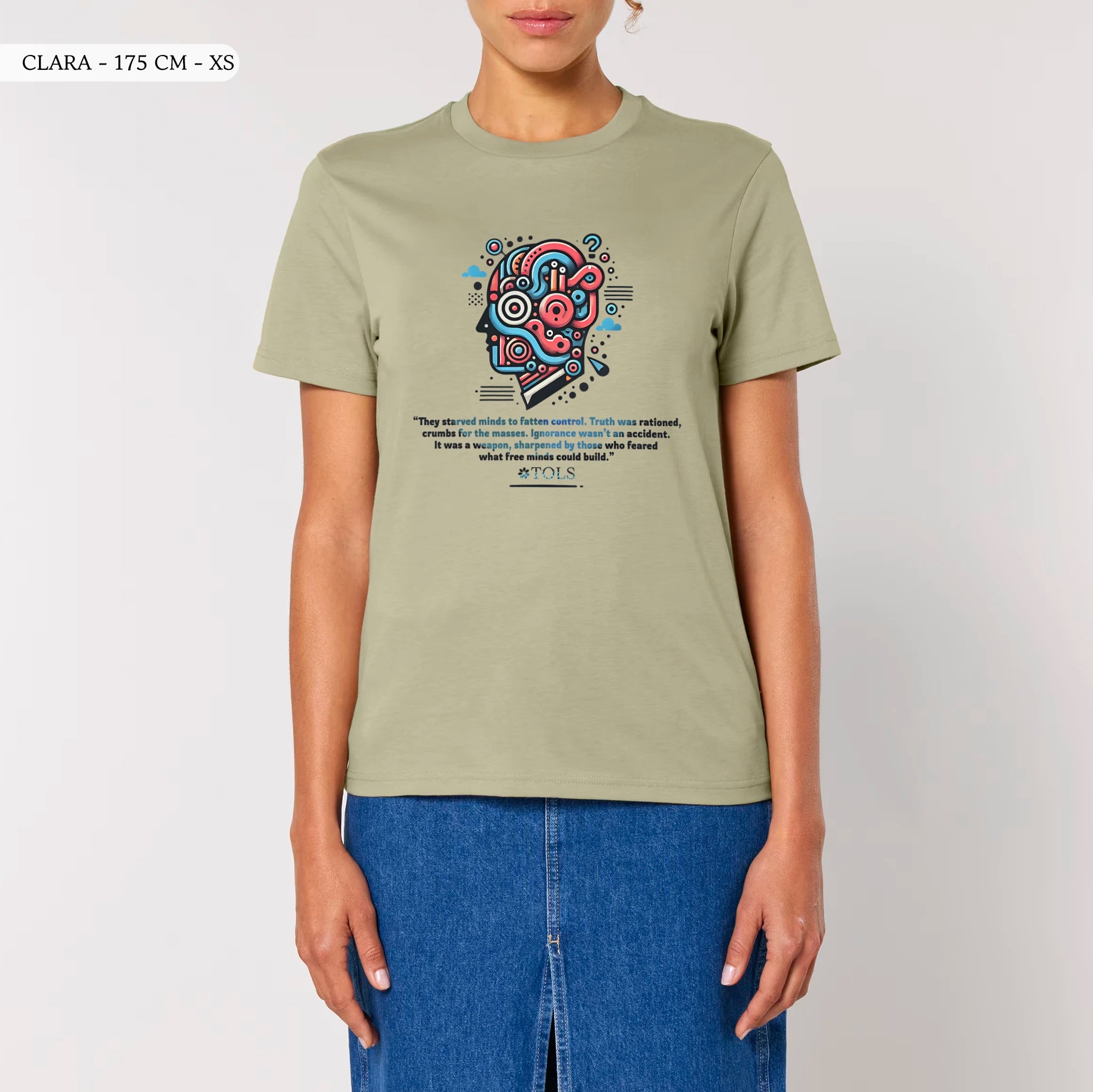 TOLS The Old Ways theme men's unisex medium fit organic cotton T-shirt in Sage, female front - Crumbs of Truth