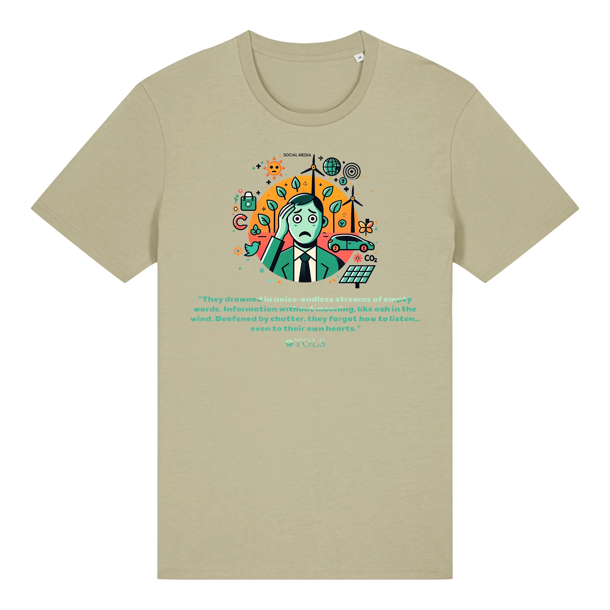 TOLS The Old Ways theme men's unisex medium fit organic cotton T-shirt in Sage, front - Silent Heart