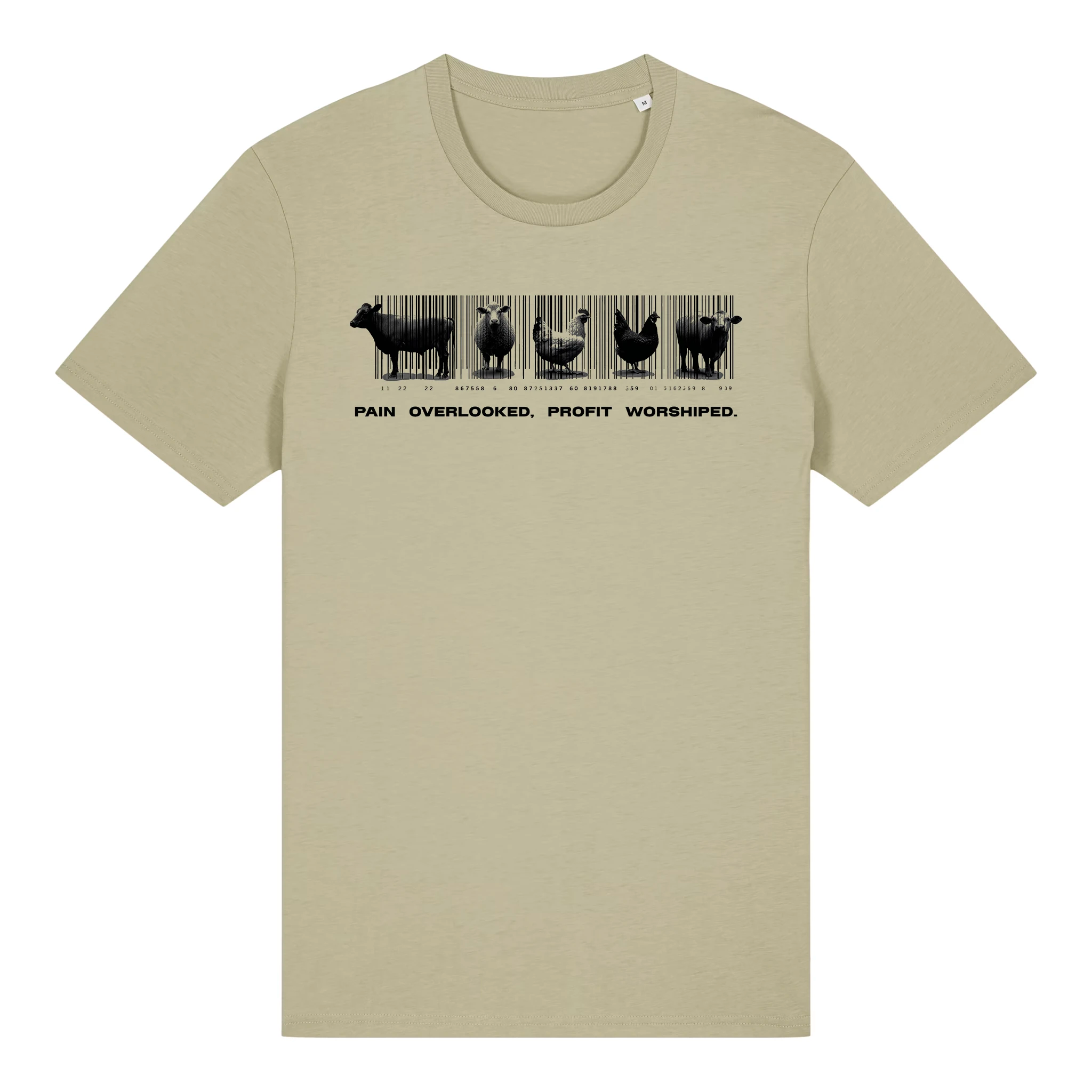 TOLS The Old Ways theme men's unisex medium fit organic cotton T-shirt in Sage, front - Why Care