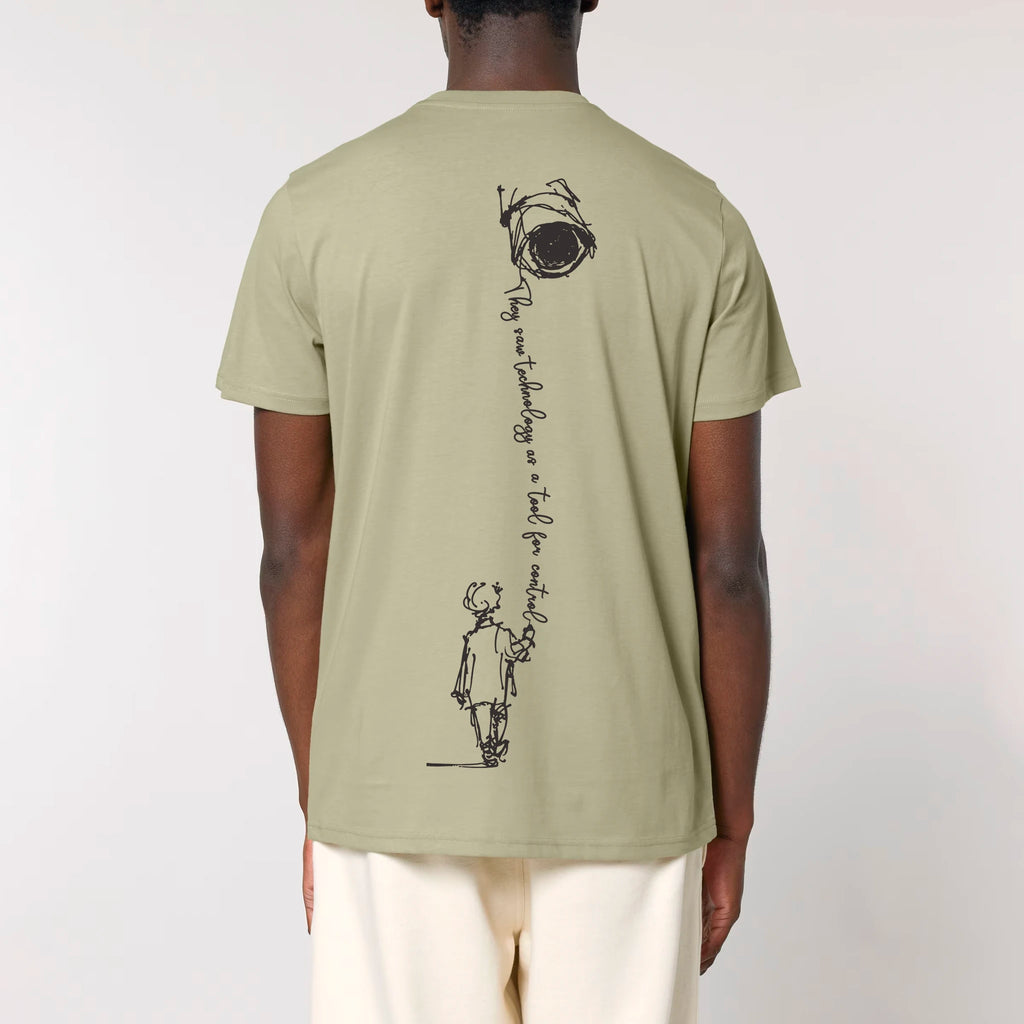 TOLS The Old Ways theme men's unisex medium fit organic cotton T-shirt in Sage, male front - Control Tool