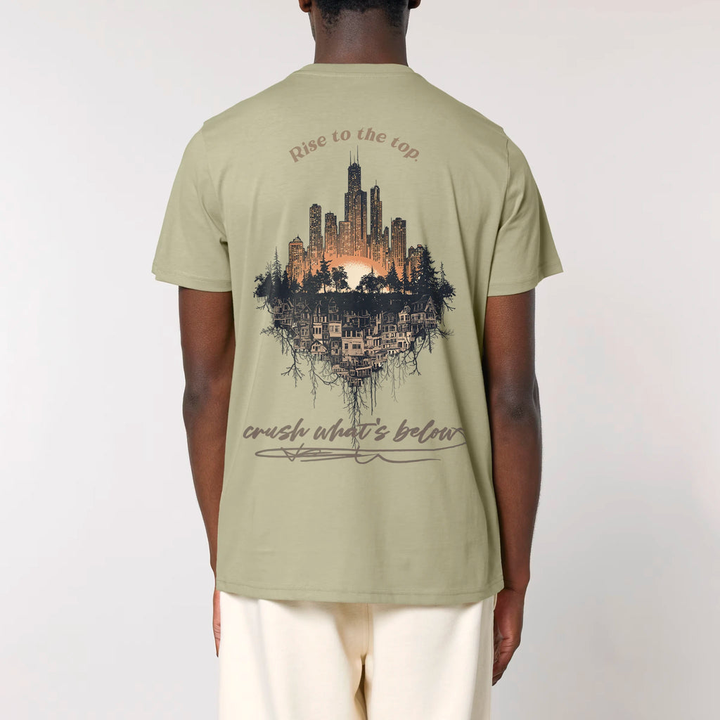 TOLS The Old Ways theme men's unisex medium fit organic cotton T-shirt in Sage, male back - Crushing Pyramid