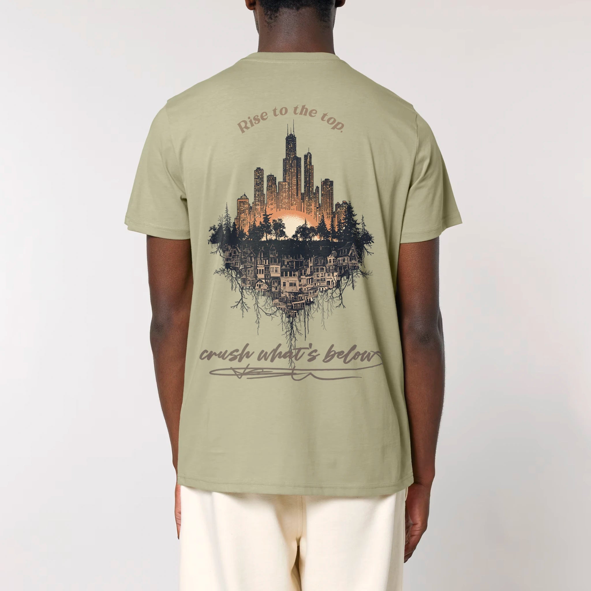 TOLS The Old Ways theme men's unisex medium fit organic cotton T-shirt in Sage, male back - Crushing Pyramid