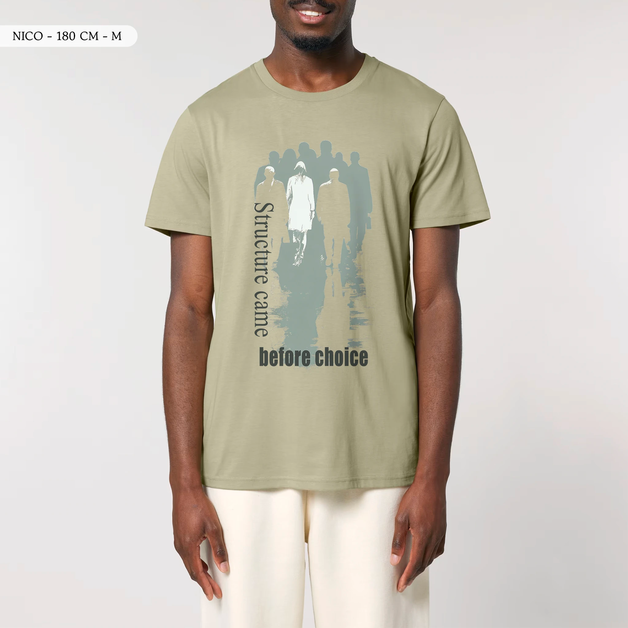 TOLS The Old Ways theme men's unisex medium fit organic cotton T-shirt in Sage, male front - Before Choice