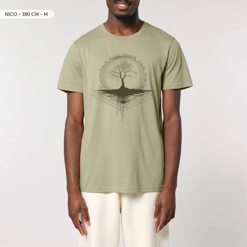 TOLS The Old Ways theme men's unisex medium fit organic cotton T-shirt in Sage, male front - Comfort Walls