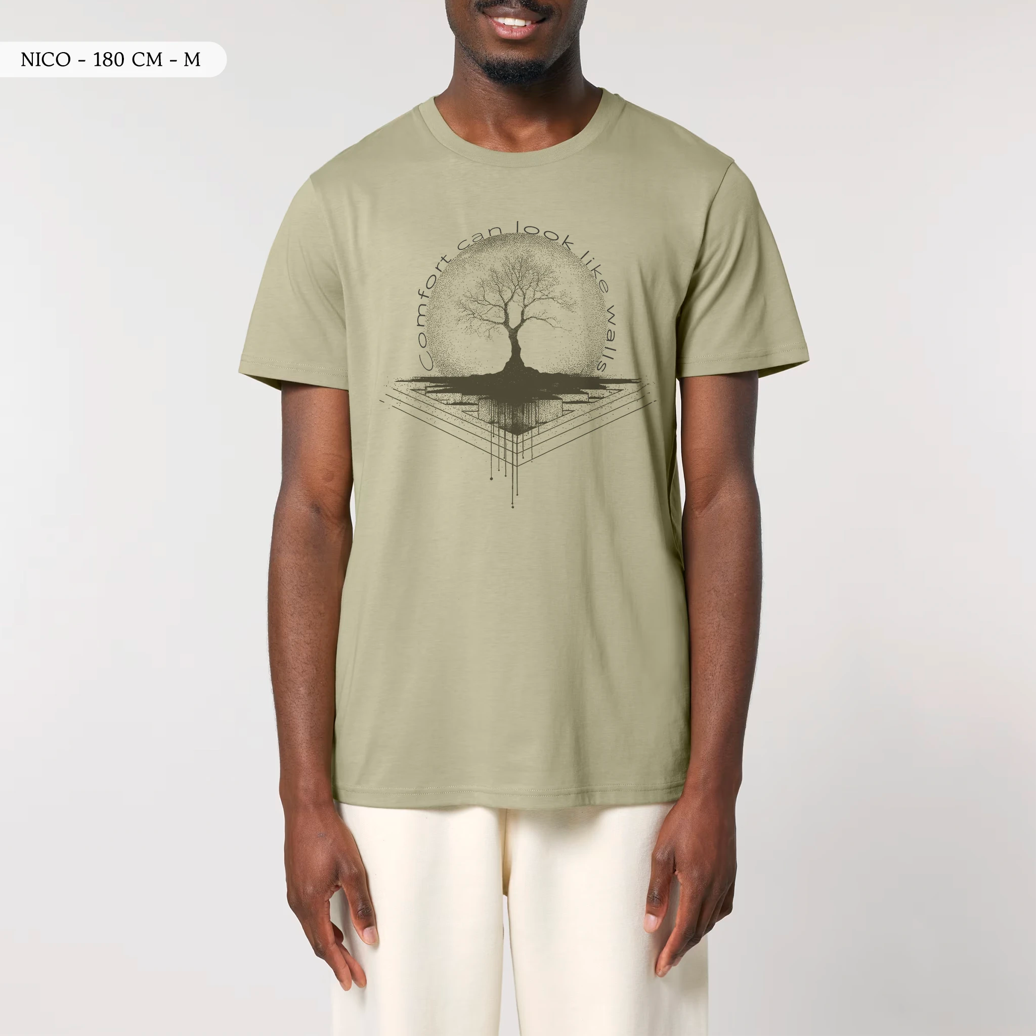 TOLS The Old Ways theme men's unisex medium fit organic cotton T-shirt in Sage, male front - Comfort Walls