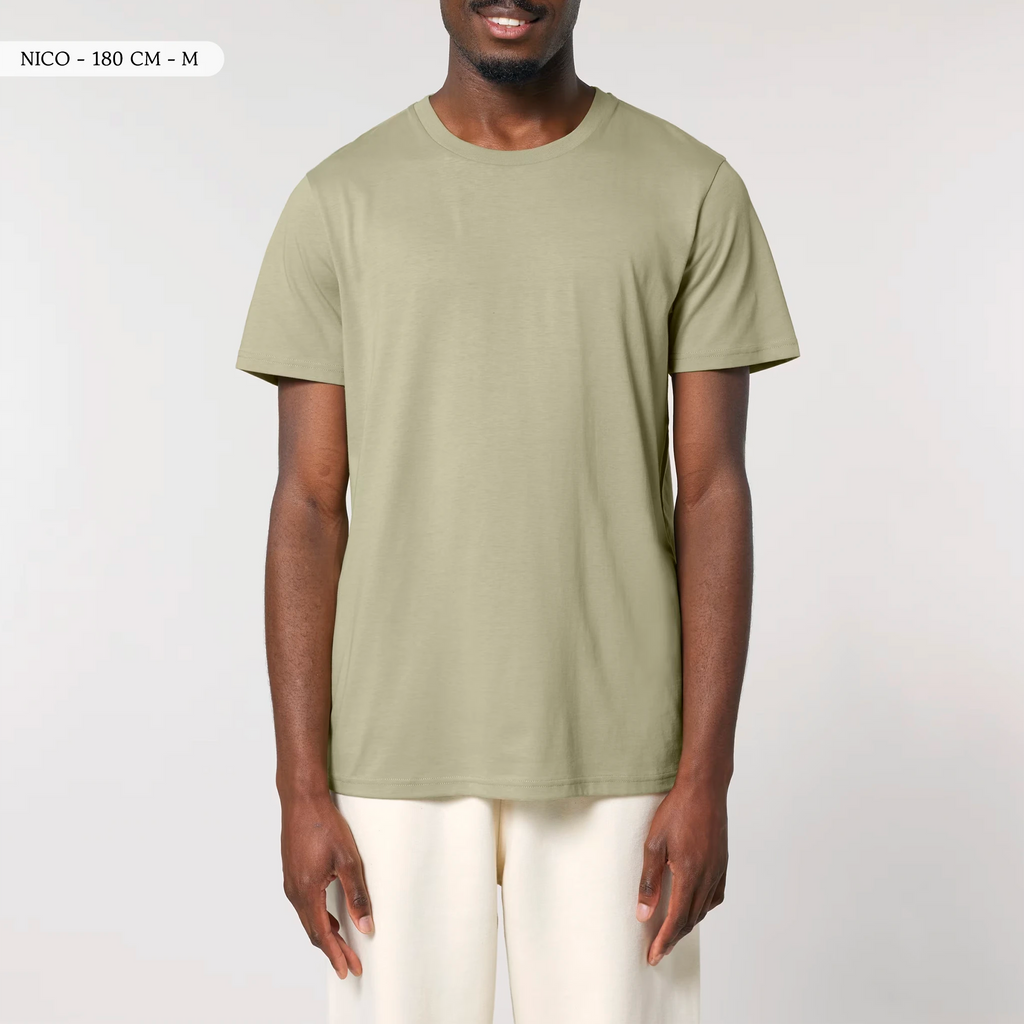 TOLS The Old Ways theme men's unisex medium fit organic cotton T-shirt in Sage, male front - Crushing Pyramid