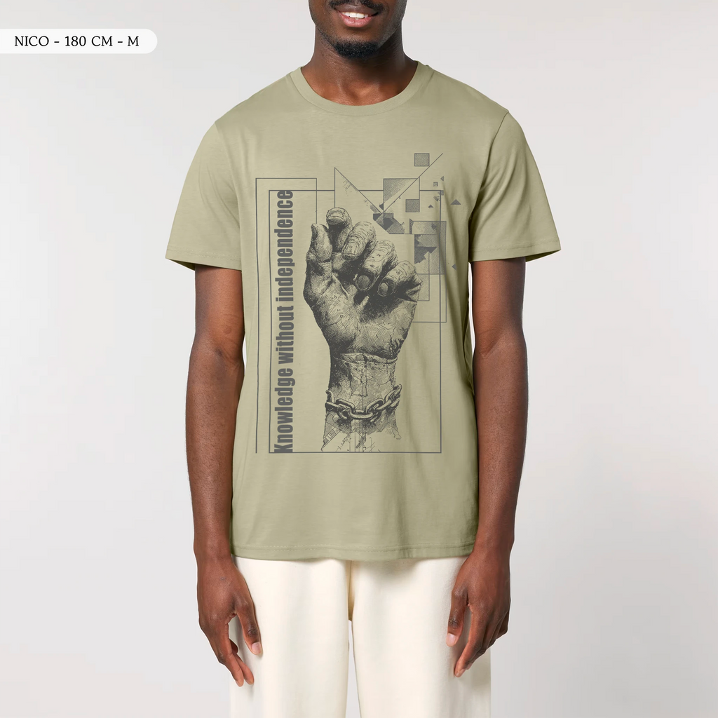 TOLS The Old Ways theme men's unisex medium fit organic cotton T-shirt in Sage, male front - Memorized Knowledge