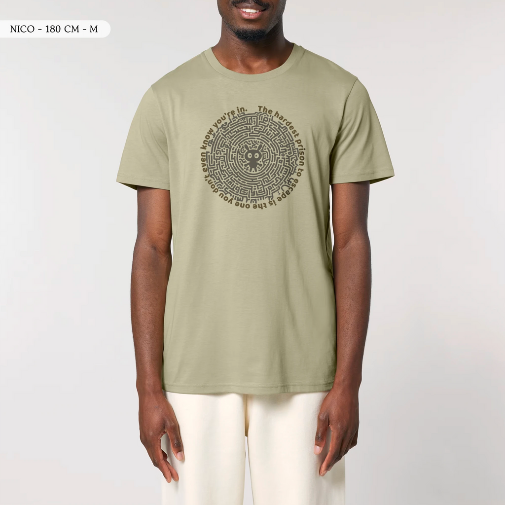 TOLS The Old Ways theme men's unisex medium fit organic cotton T-shirt in Sage, male front - Mental Bars