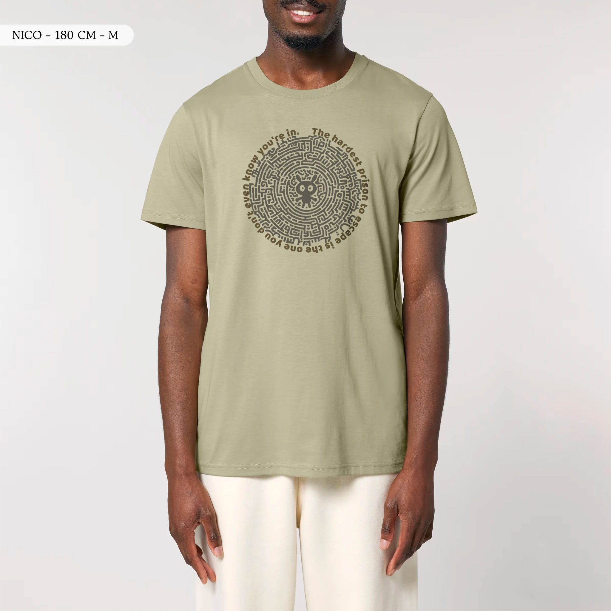 TOLS The Old Ways theme men's unisex medium fit organic cotton T-shirt in Sage, male front - Mental Bars