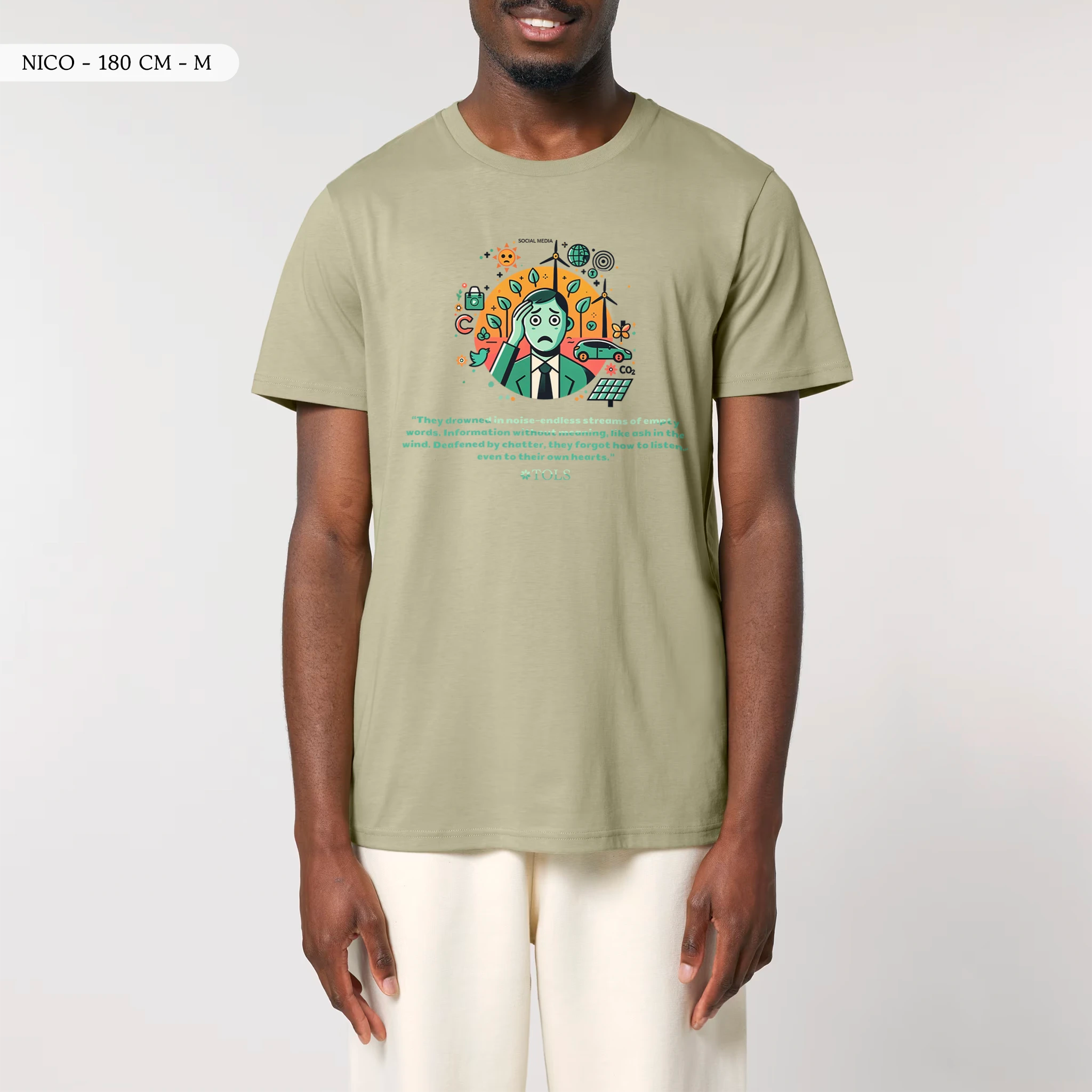 TOLS The Old Ways theme men's unisex medium fit organic cotton T-shirt in Sage, male front - Silent Heart