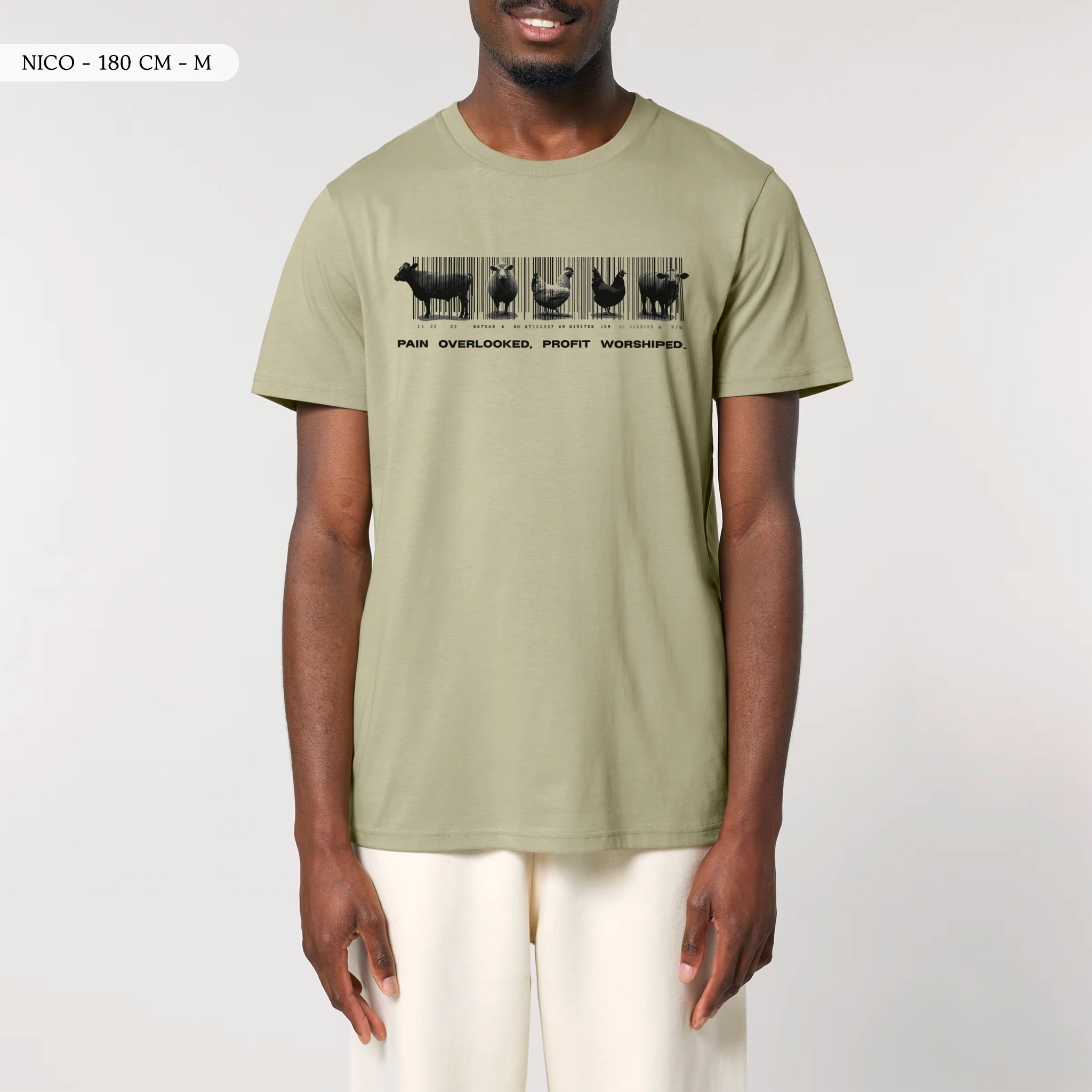 TOLS The Old Ways theme men's unisex medium fit organic cotton T-shirt in Sage, female front - Why Care