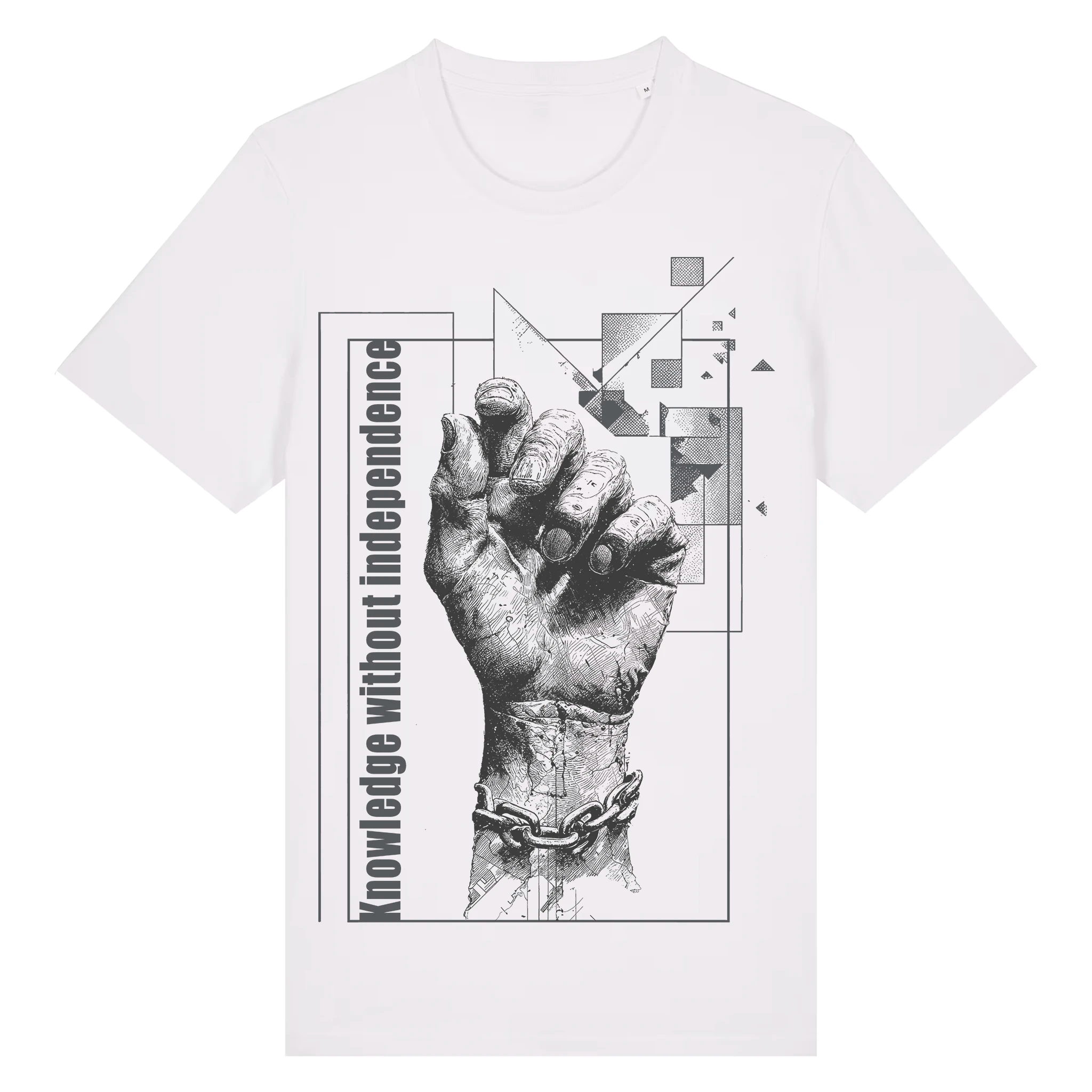 TOLS The Old Ways theme men's unisex medium fit organic cotton T-shirt in White, front - Memorized Knowledge