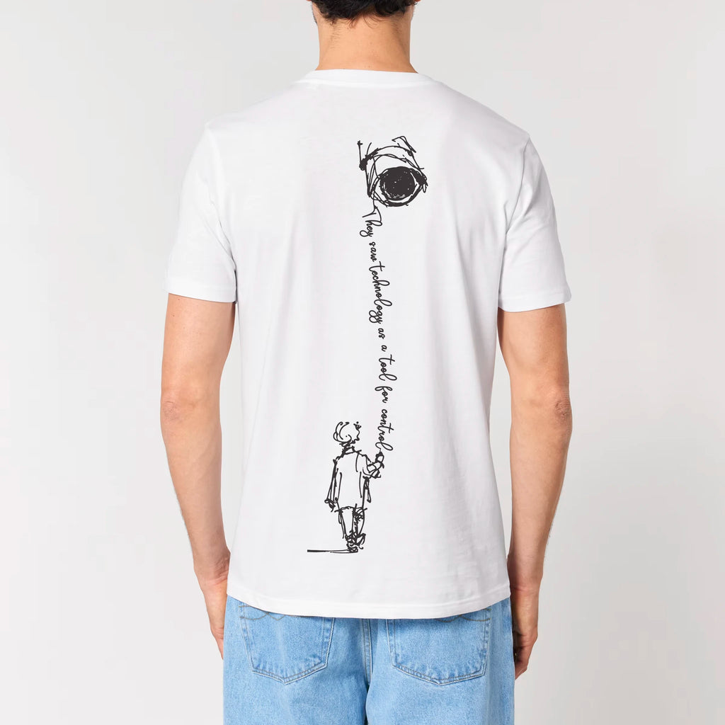 TOLS The Old Ways theme men's unisex medium fit organic cotton T-shirt in White, male front - Control Tool