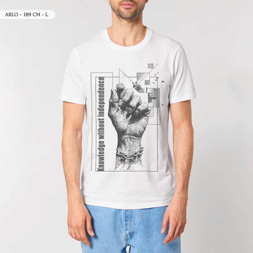 TOLS The Old Ways theme men's unisex medium fit organic cotton T-shirt in White, male front - Memorized Knowledge