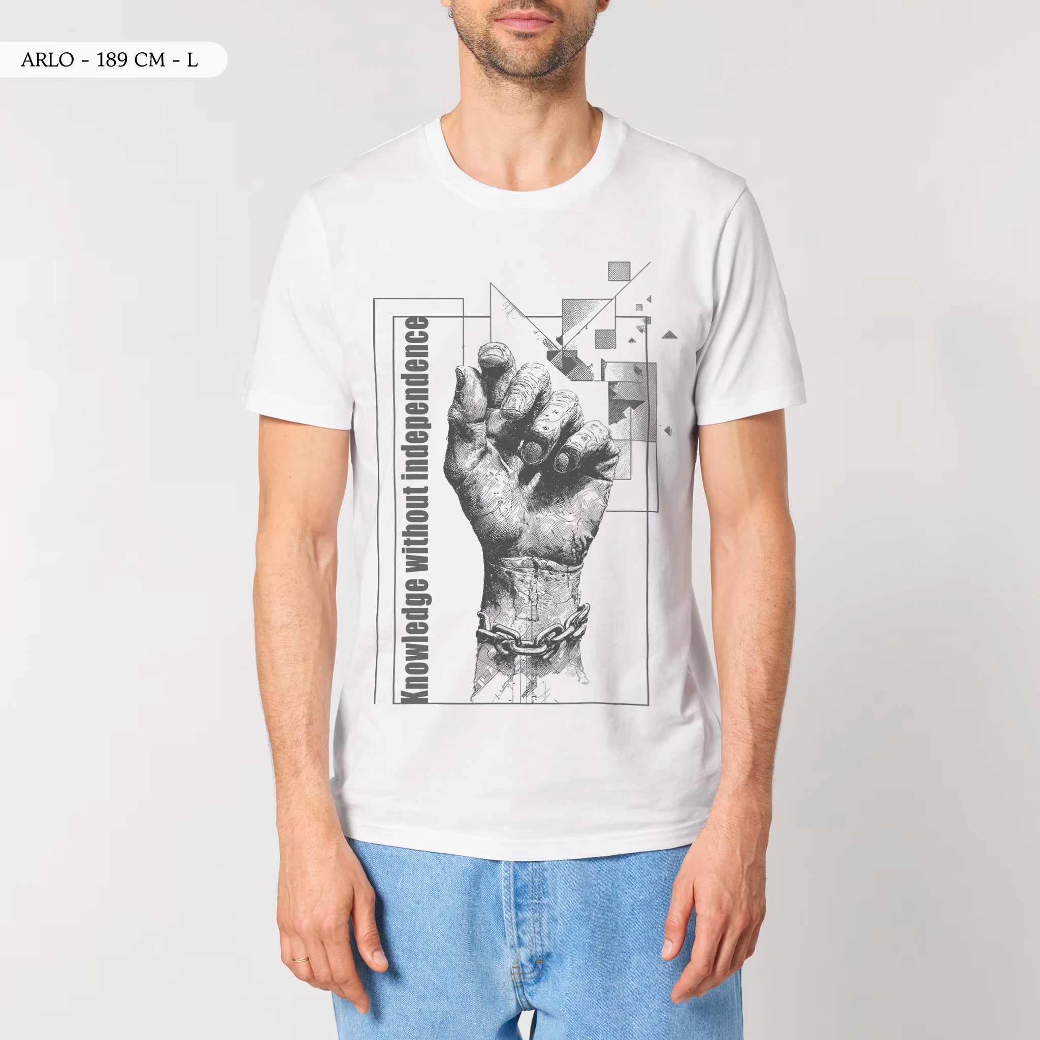 TOLS The Old Ways theme men's unisex medium fit organic cotton T-shirt in White, male front - Memorized Knowledge