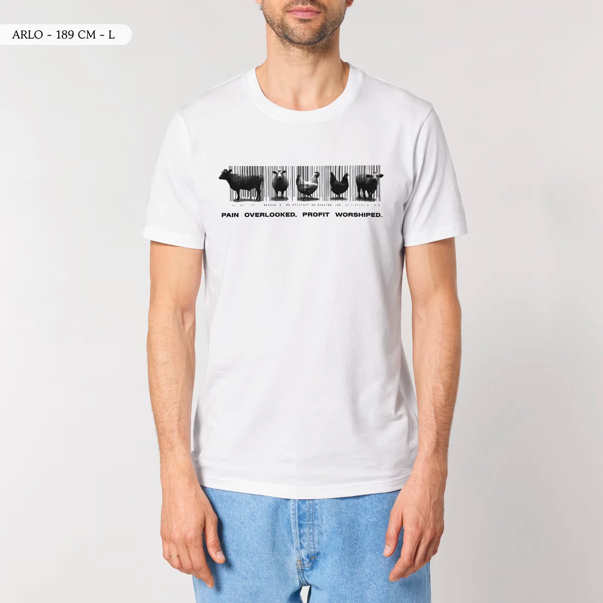 TOLS The Old Ways theme men's unisex medium fit organic cotton T-shirt in White, male front - Why Care