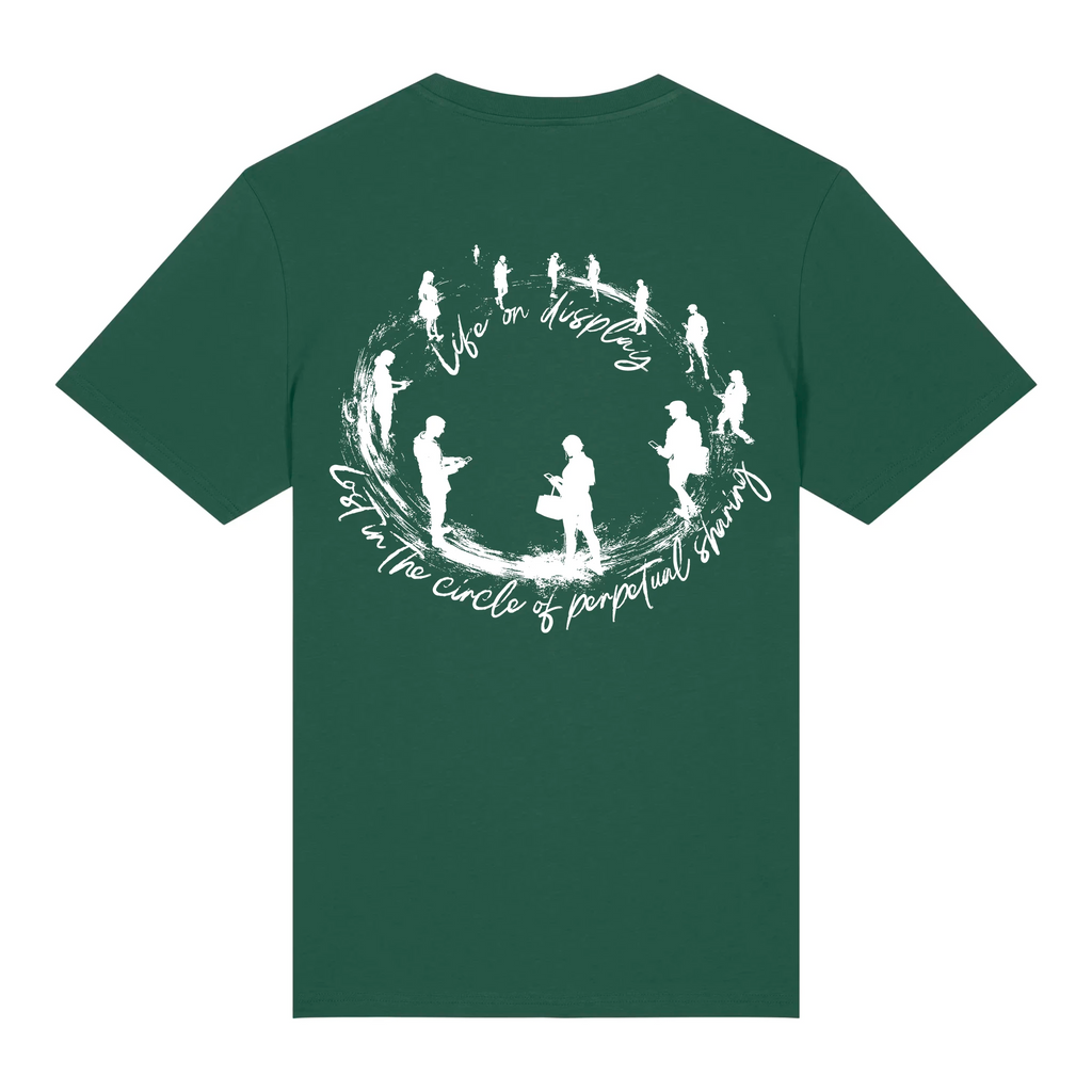 TOLS The Old Ways theme men's unisex medium fit organic cotton T-shirt in Bottle Green, back - Life on Display