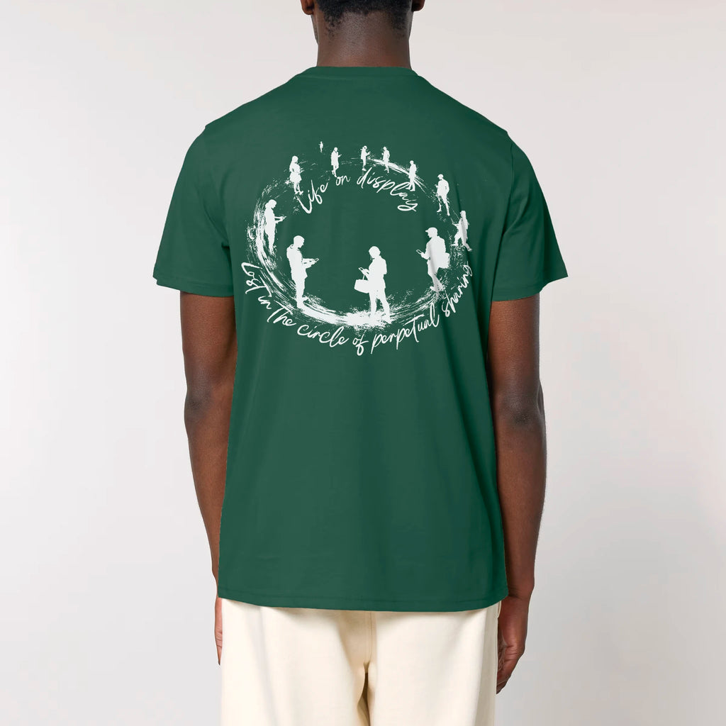 TOLS The Old Ways theme men's unisex medium fit organic cotton T-shirt in Bottle Green, male back - Life on Display