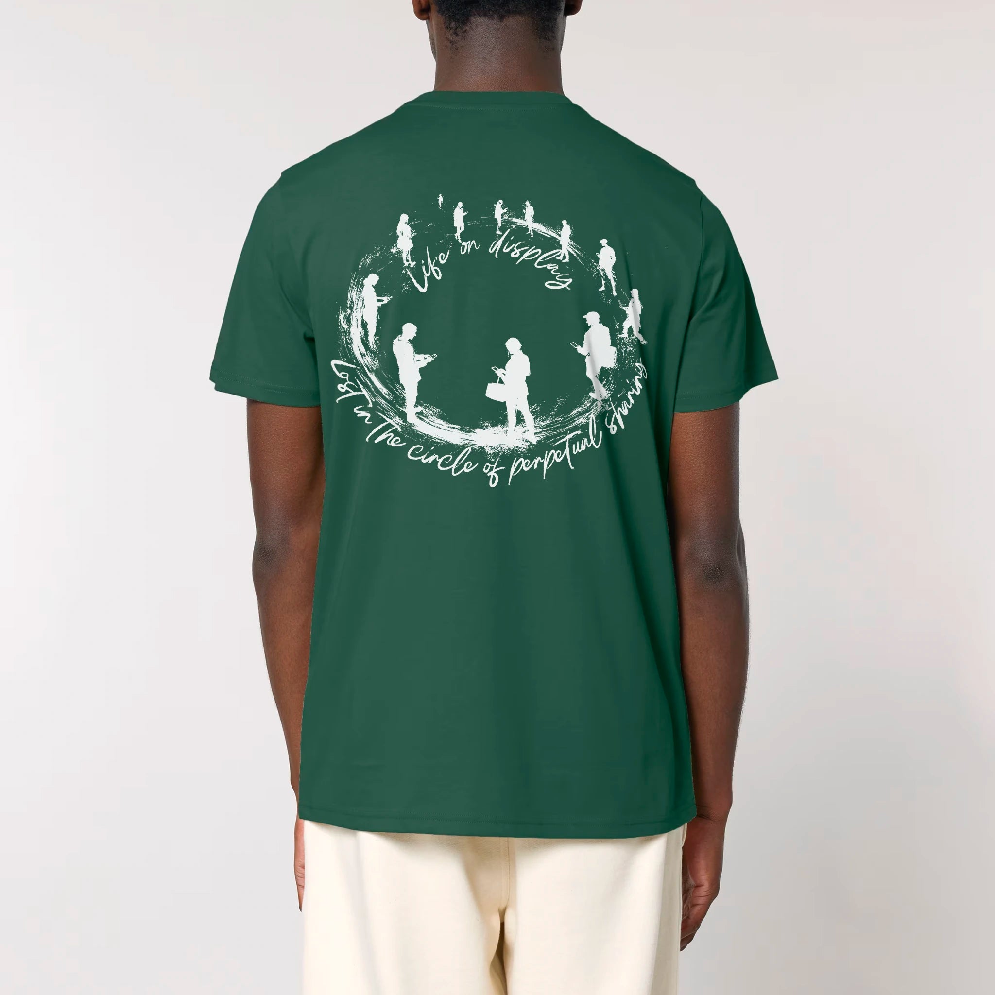 TOLS The Old Ways theme men's unisex medium fit organic cotton T-shirt in Bottle Green, male back - Life on Display