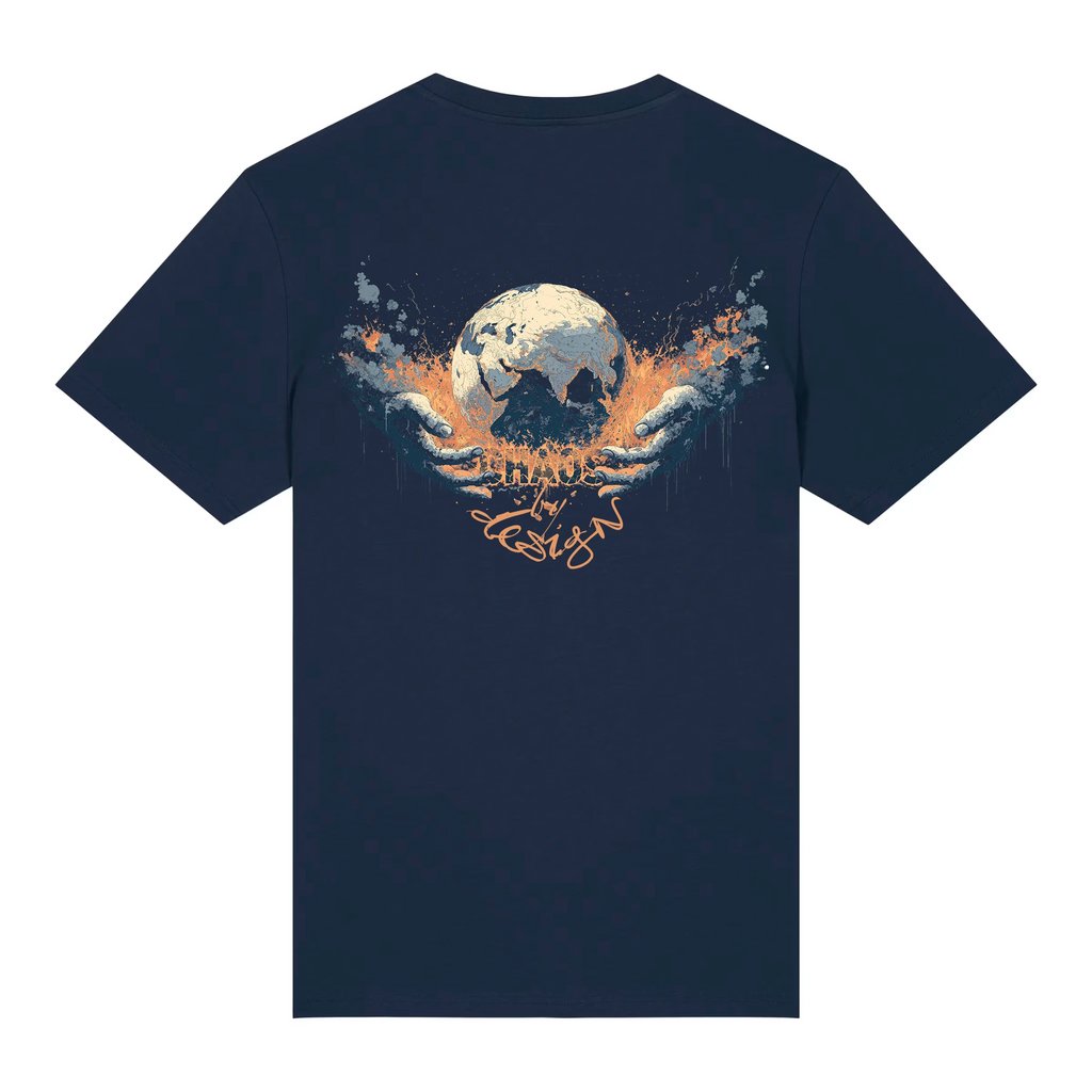TOLS The Old Ways theme men's unisex medium fit organic cotton T-shirt in French Navy, back - Chaos by Design