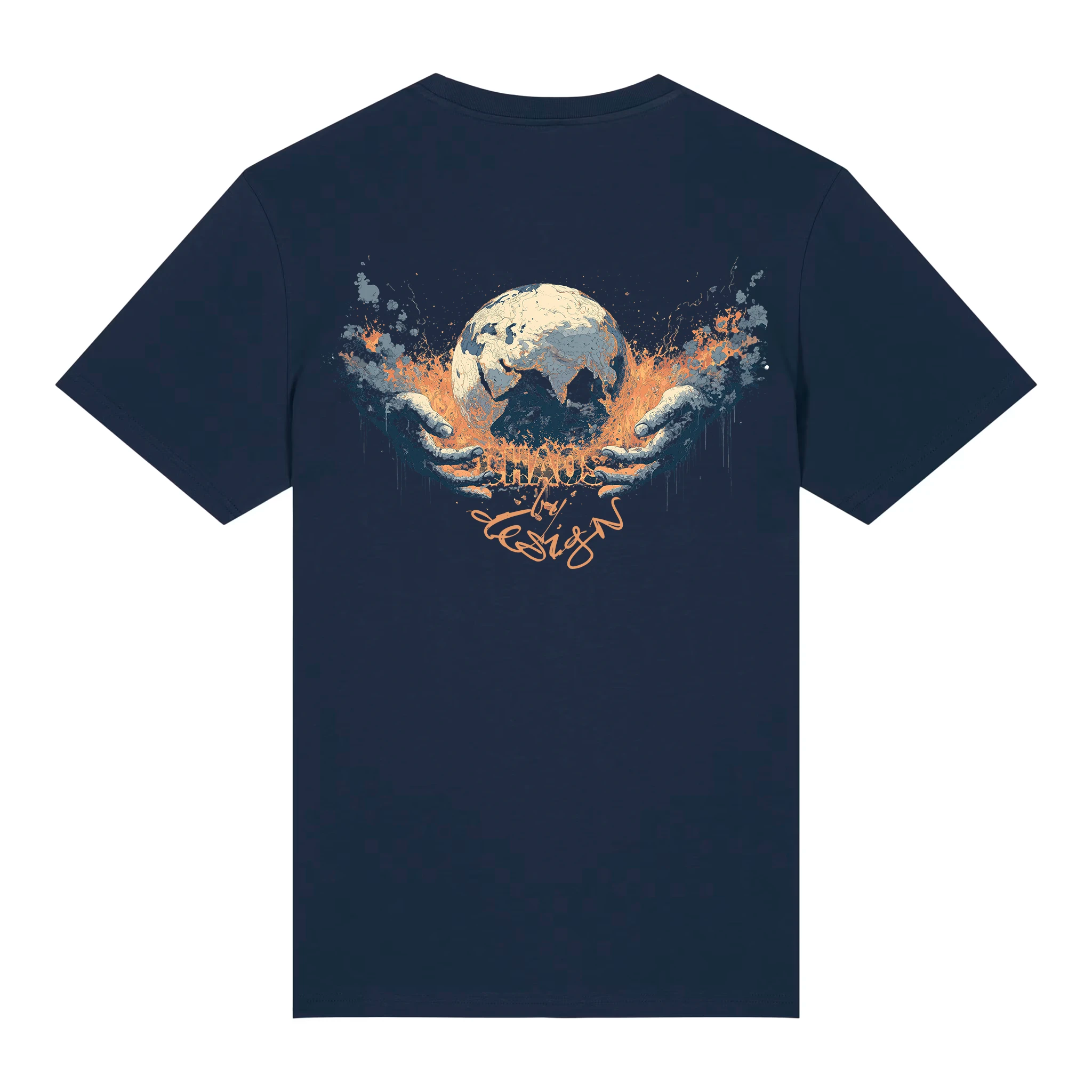 TOLS The Old Ways theme men's unisex medium fit organic cotton T-shirt in French Navy, back - Chaos by Design