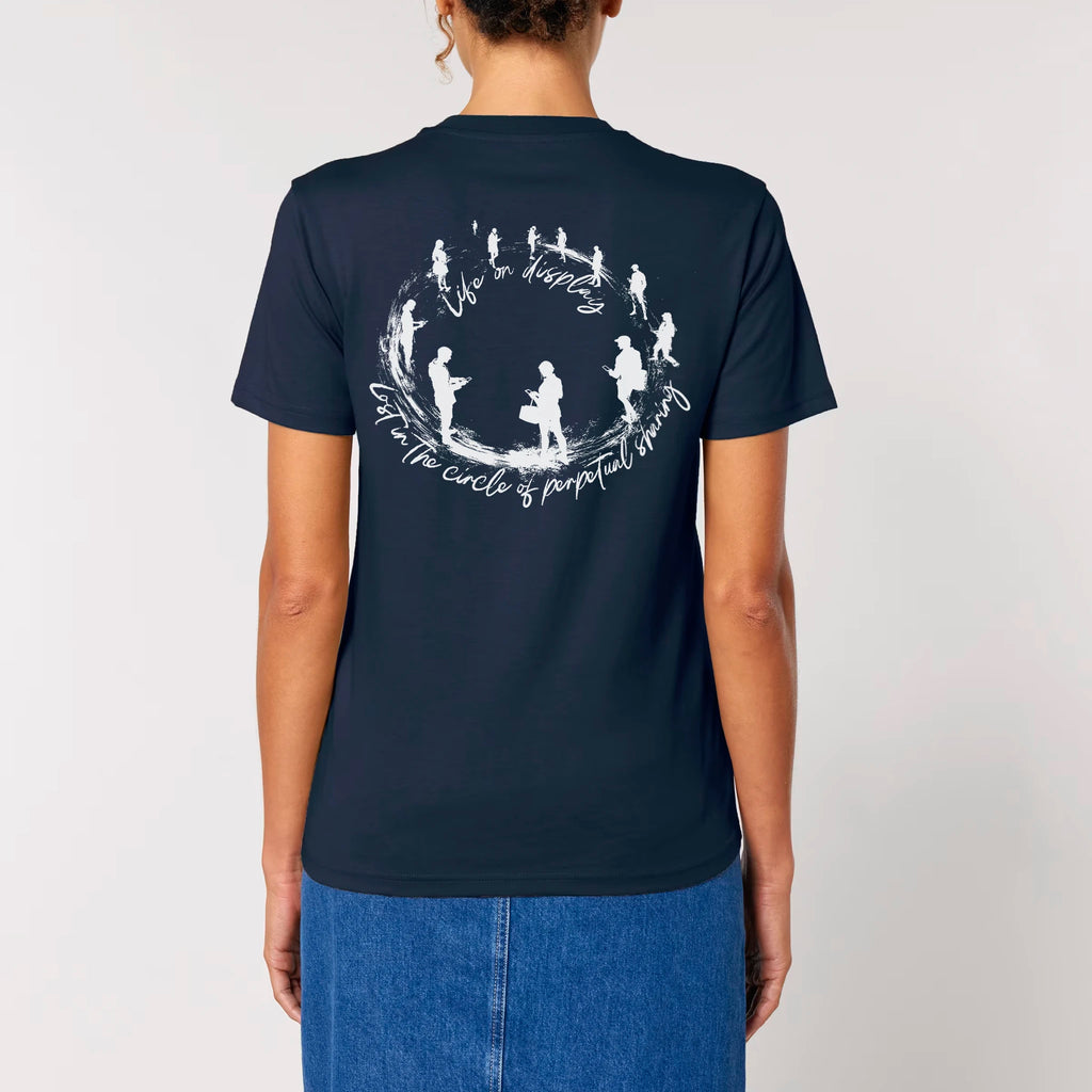 TOLS The Old Ways theme men's unisex medium fit organic cotton T-shirt in French Navy, female back - Life on Display