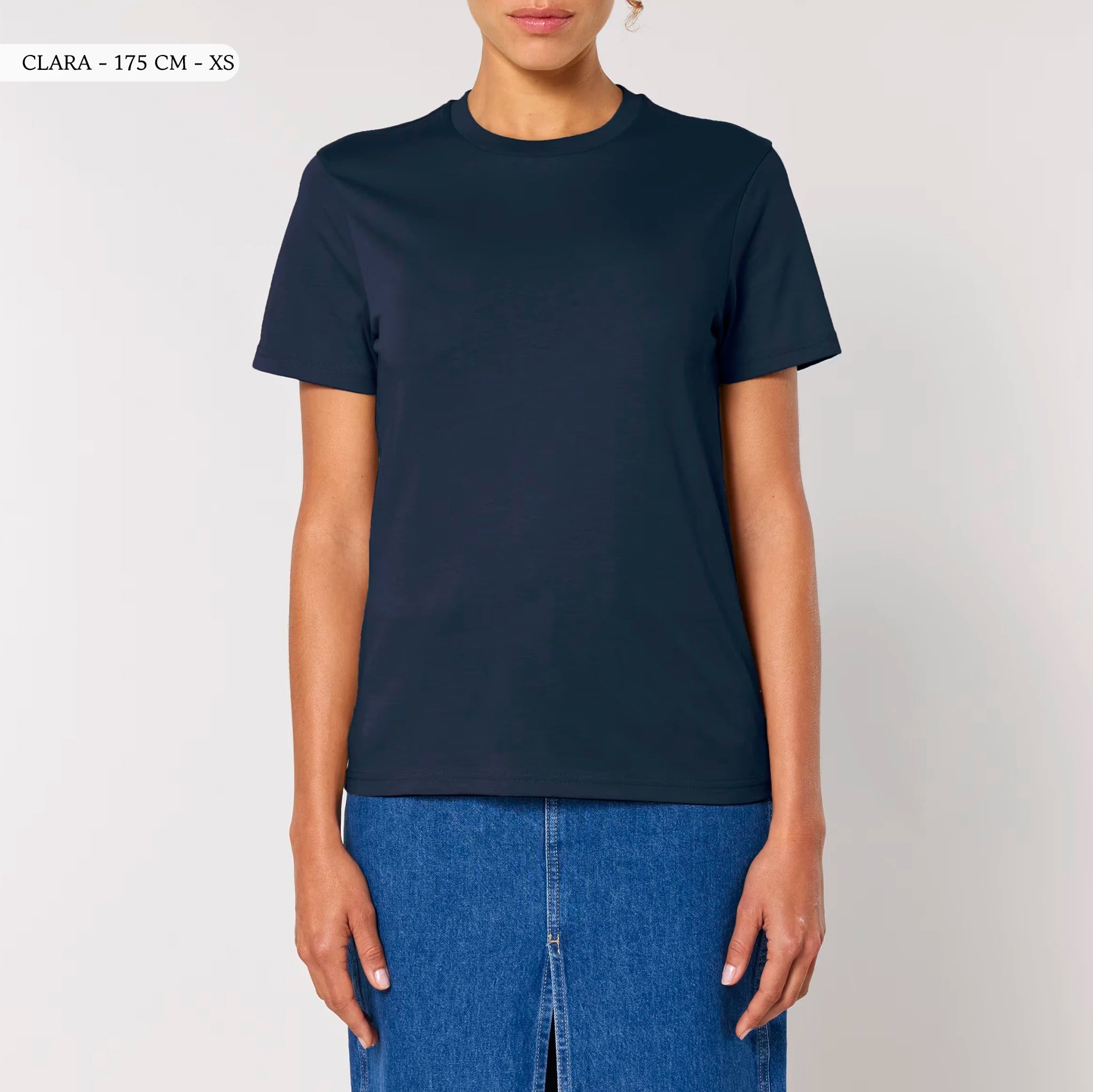 TOLS The Old Ways theme men's unisex medium fit organic cotton T-shirt in French Navy, female front - Life on Display