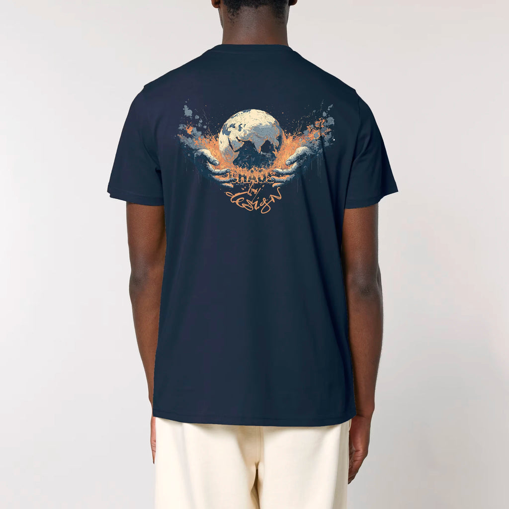 TOLS The Old Ways theme men's unisex medium fit organic cotton T-shirt in French Navy, male back - Chaos by Design