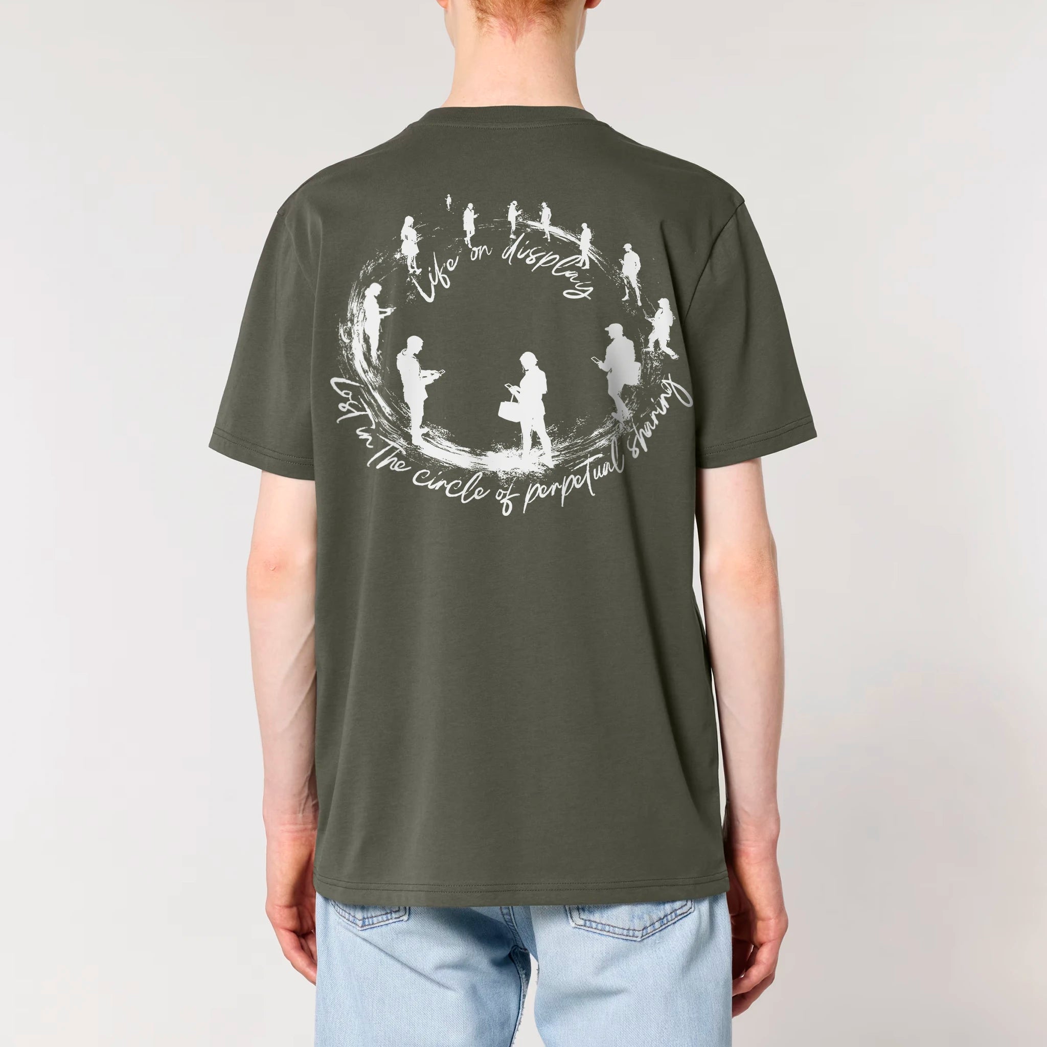 TOLS The Old Ways theme men's unisex medium fit organic cotton T-shirt in Khaki, male back - Life on Display