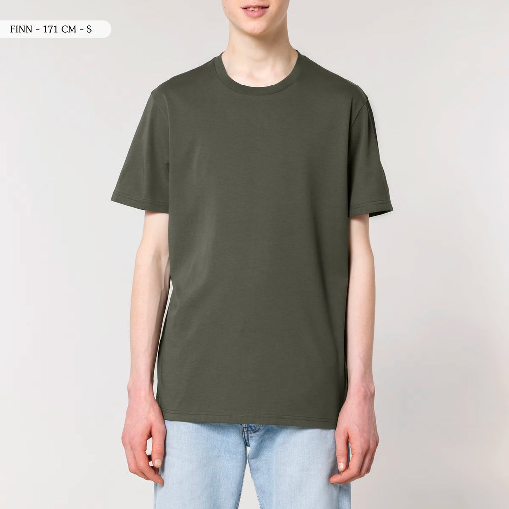 TOLS The Old Ways theme men's unisex medium fit organic cotton T-shirt in Khaki, male front - Life on Display