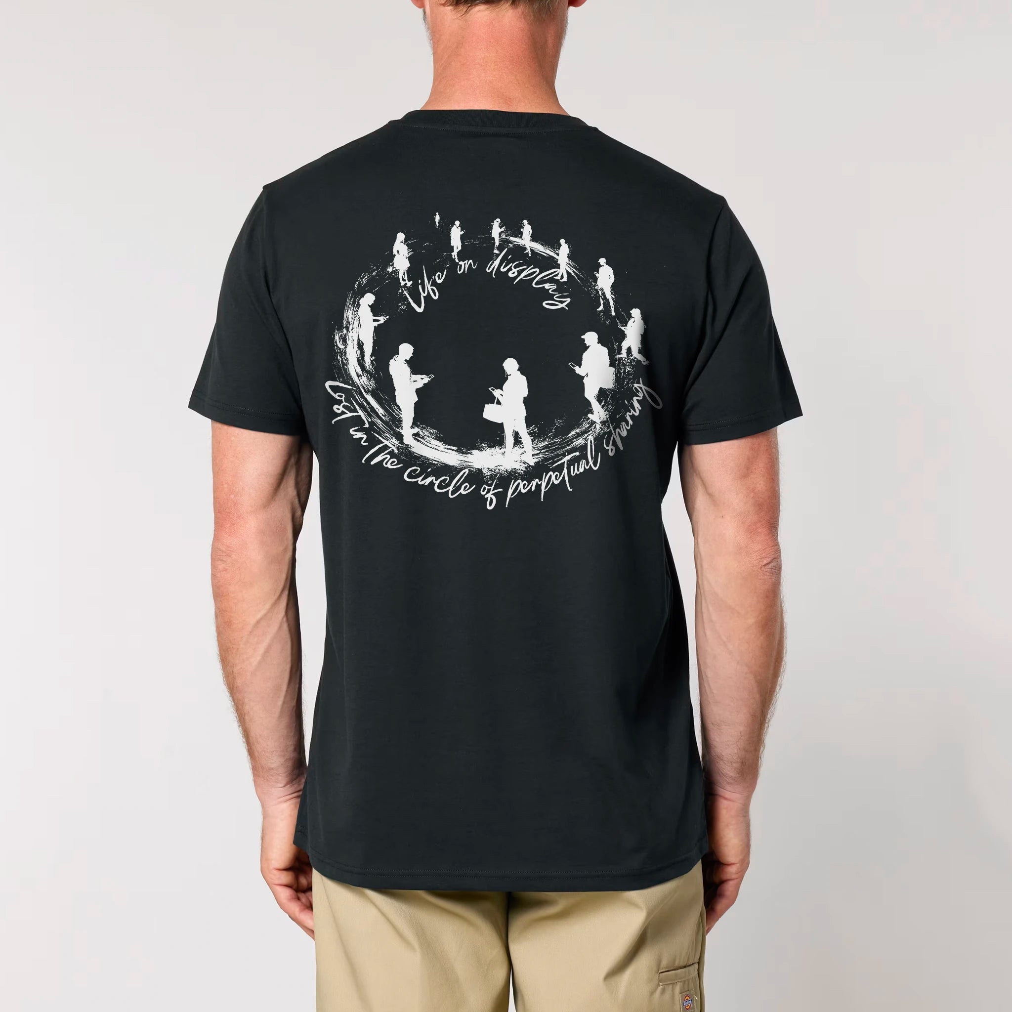 TOLS The Old Ways theme men's unisex medium fit organic cotton T-shirt in Black, male back - Life on Display