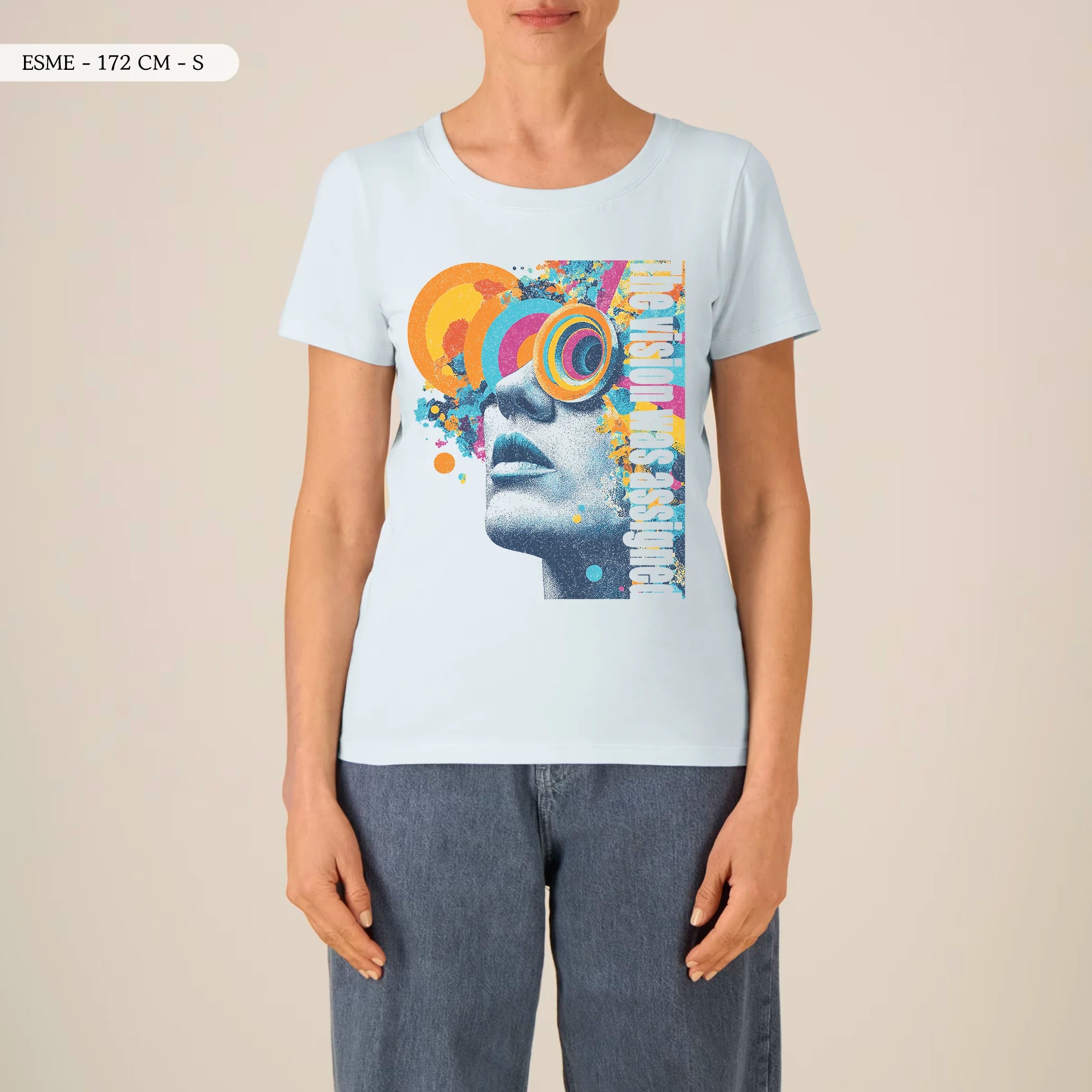 TOLS The Old Ways theme women's fitted organic cotton T-shirt in Blue Ice, female front - Assigned Vision