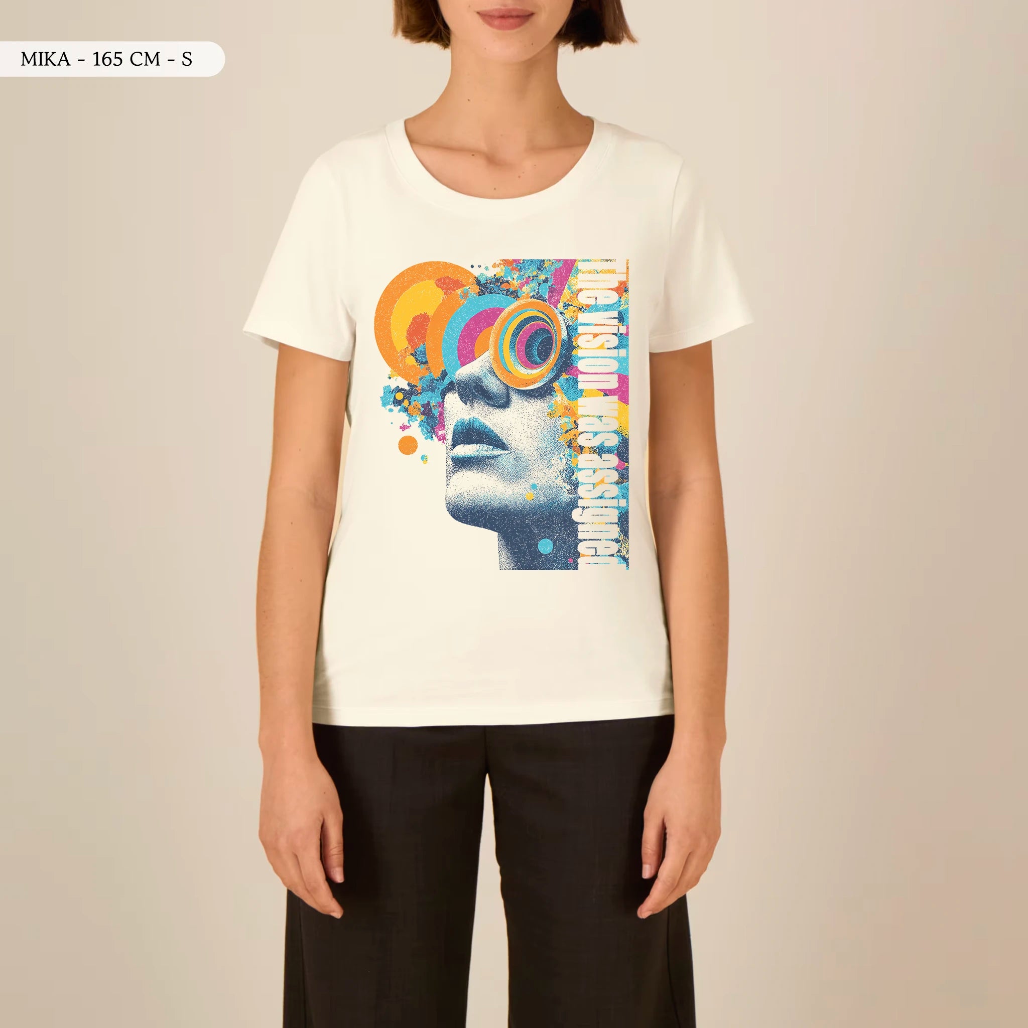 TOLS The Old Ways theme women's fitted organic cotton T-shirt in Cream, female front - Assigned Vision