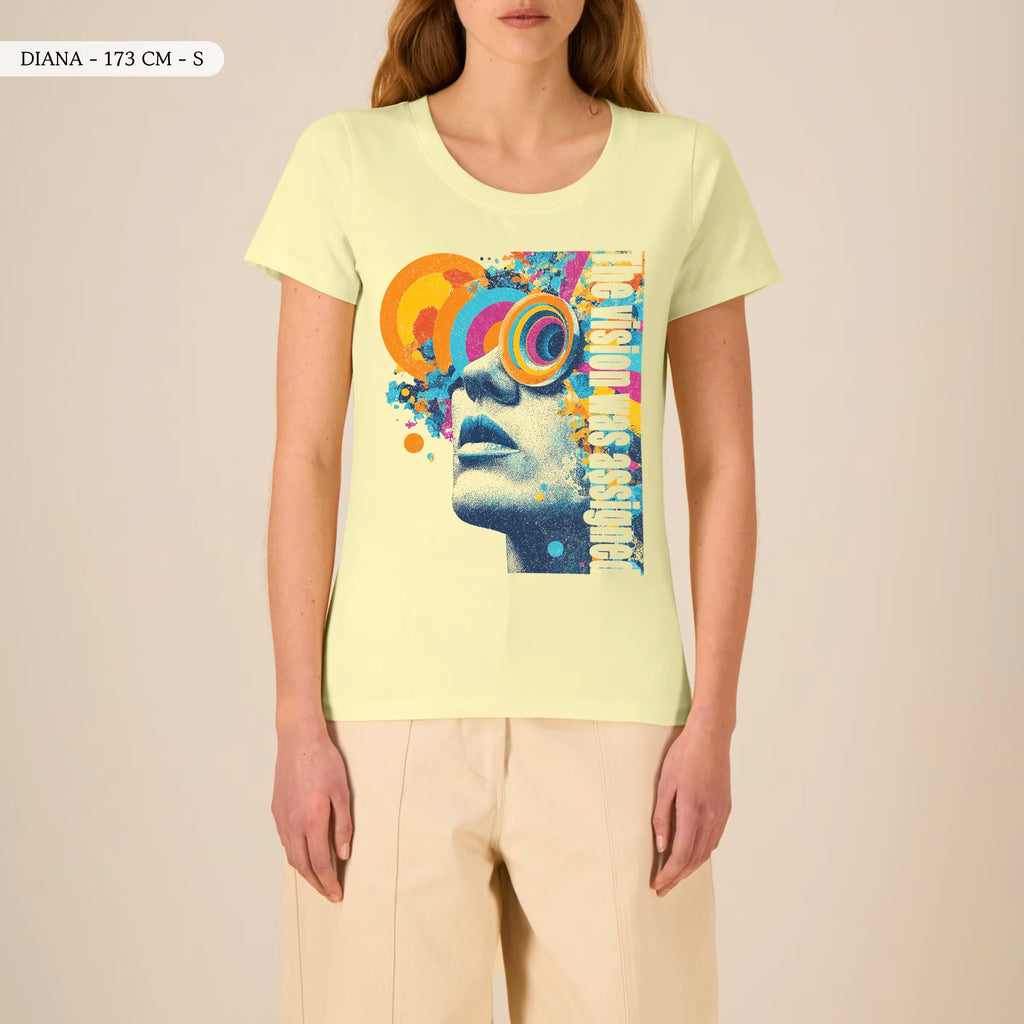 TOLS The Old Ways theme women's fitted organic cotton T-shirt in Lemon Sorbet, female front - Assigned Vision