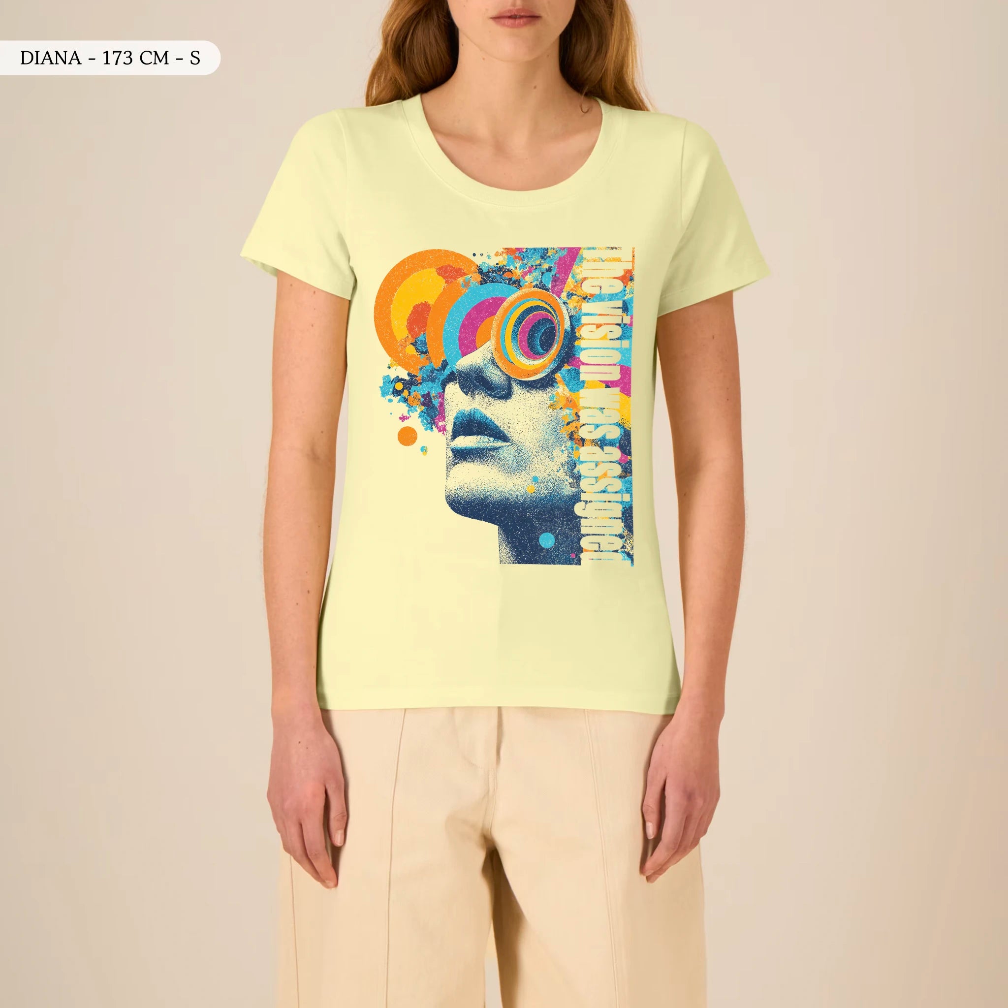 TOLS The Old Ways theme women's fitted organic cotton T-shirt in Lemon Sorbet, female front - Assigned Vision