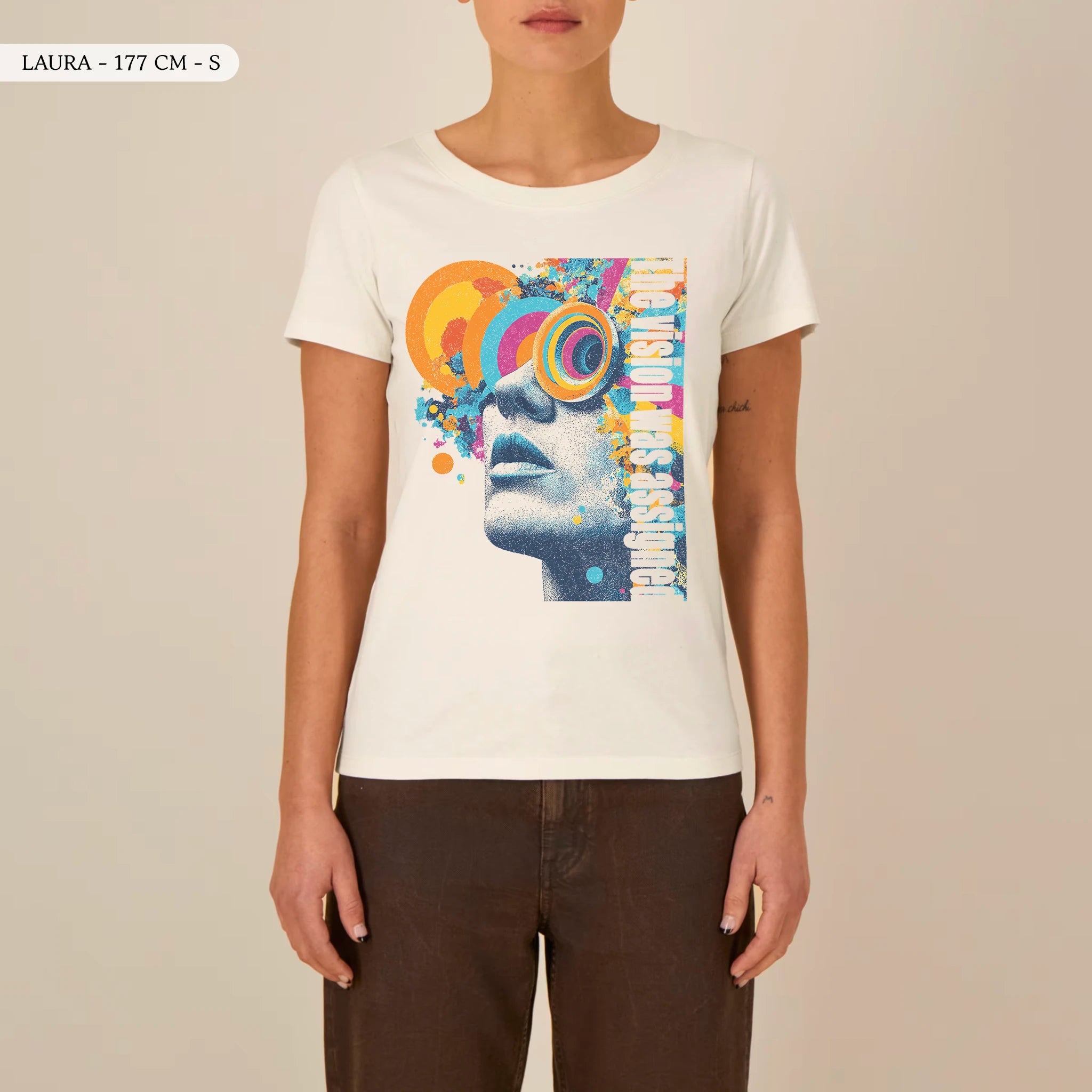 TOLS The Old Ways theme women's fitted organic cotton T-shirt in Natural Raw, female front - Assigned Vision